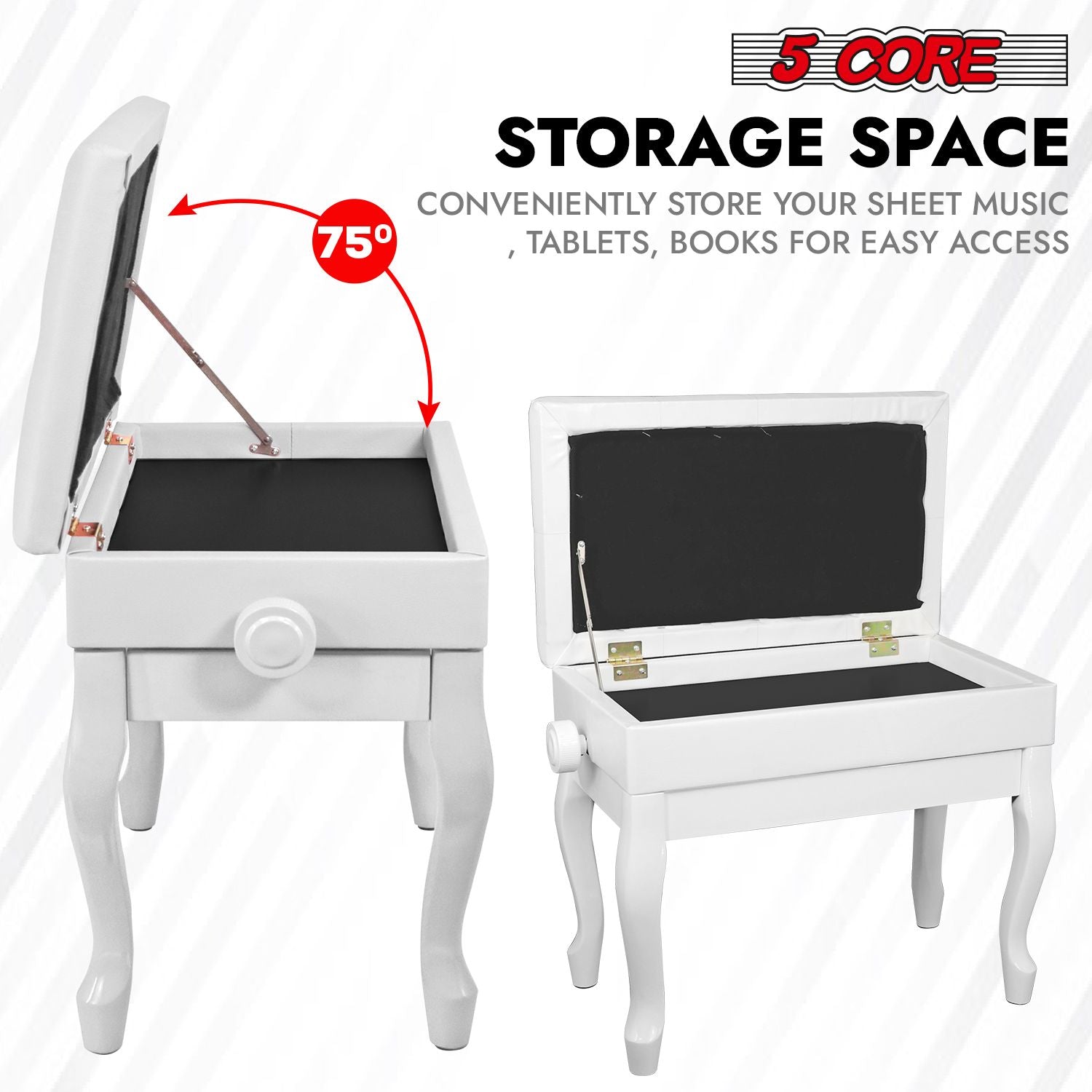 5 Core Piano Bench Wooden Height Adjustable Stool Heavy Duty Keyboard Seat with Storage - PNB WD HD WH image 5