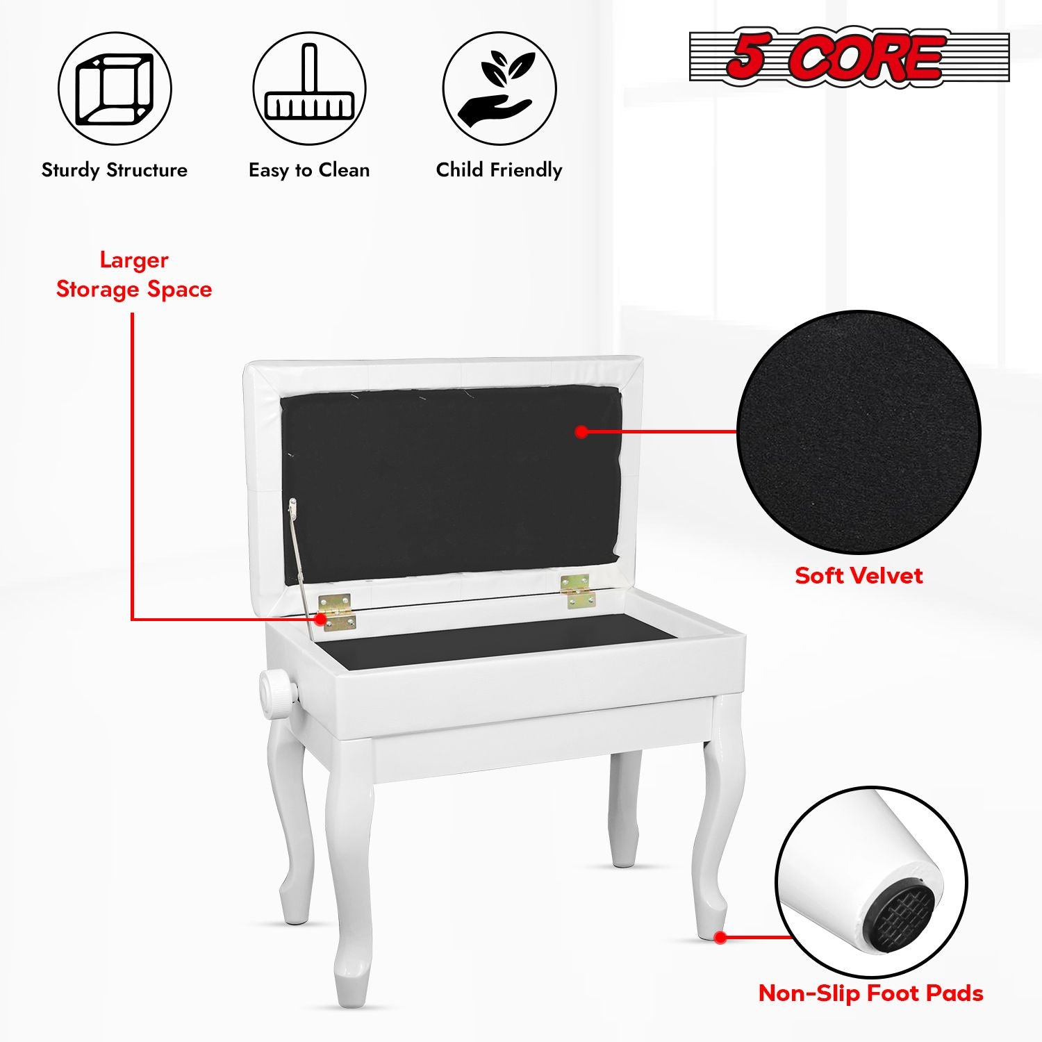 5 Core Piano Bench Wooden Height Adjustable Stool Heavy Duty Keyboard Seat with Storage - PNB WD HD WH image 10