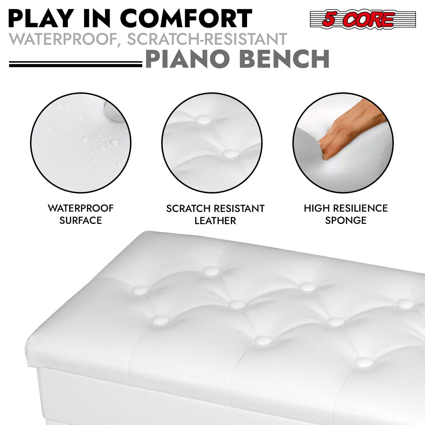 5 Core Piano Bench Wooden Height Adjustable Stool Heavy Duty Keyboard Seat with Storage - PNB WD HD WH image 4