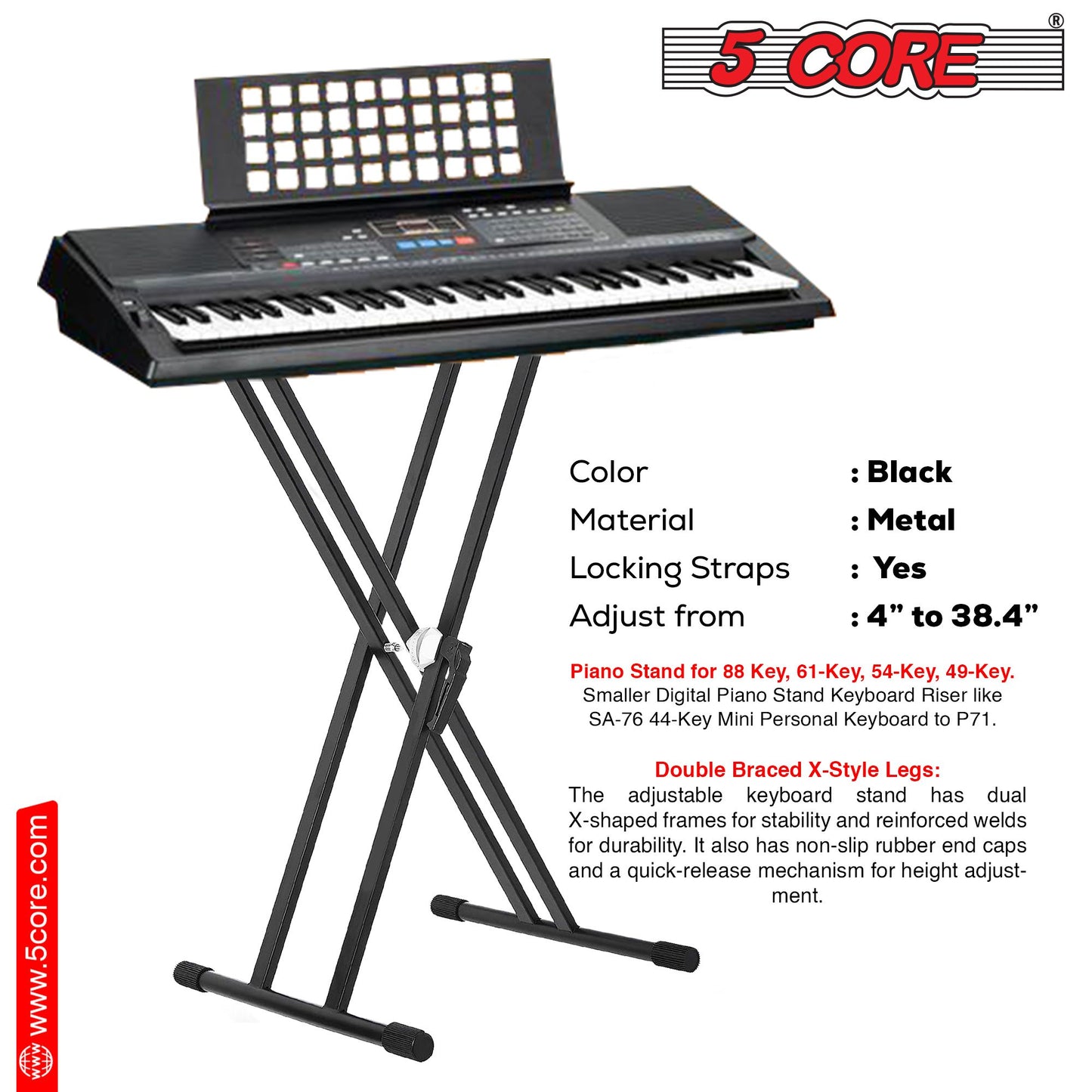 5 CORE Piano Keyboard Stand Double X Style Heavy Duty Adjustable Digital Electric Piano Riser Durable & Sturdy Music Syn image 10
