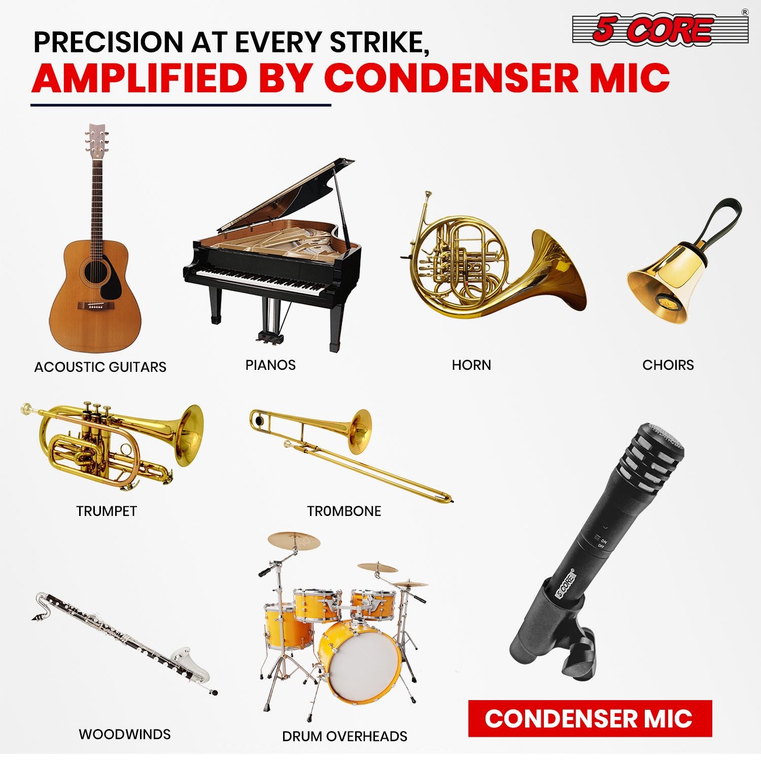 5 CORE Professional Instrument Microphone Pencil Mic Condenser Cardioid Unidirectional Stick Microfono with Windscreen M image 7
