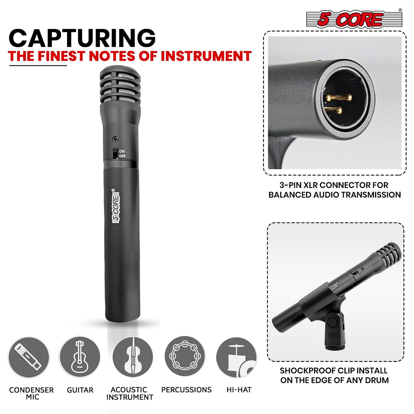 5 CORE Professional Instrument Microphone Pencil Mic Condenser Cardioid Unidirectional Stick Microfono with Windscreen M image 3