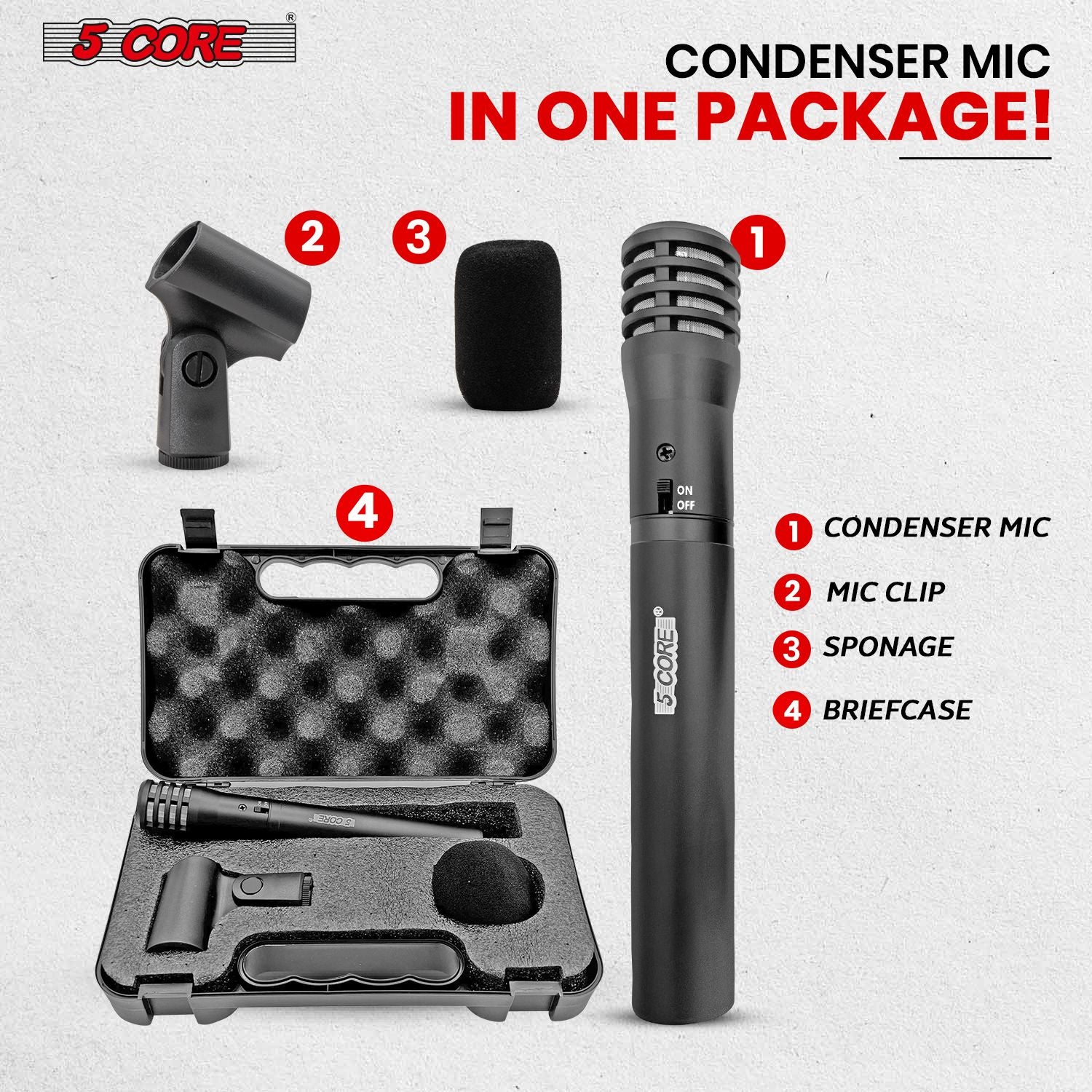 5 CORE Professional Instrument Microphone Pencil Mic Condenser Cardioid Unidirectional Stick Microfono with Windscreen M image 5