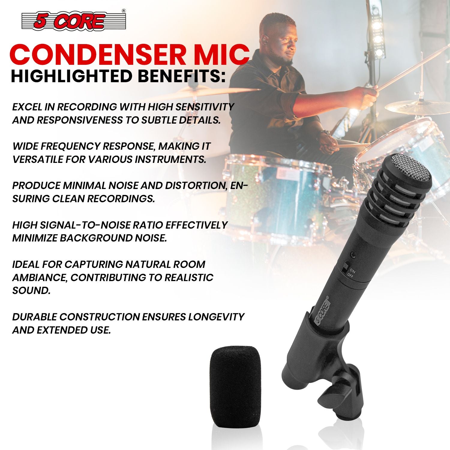 5 CORE Professional Instrument Microphone Pencil Mic Condenser Cardioid Unidirectional Stick Microfono with Windscreen M image 6