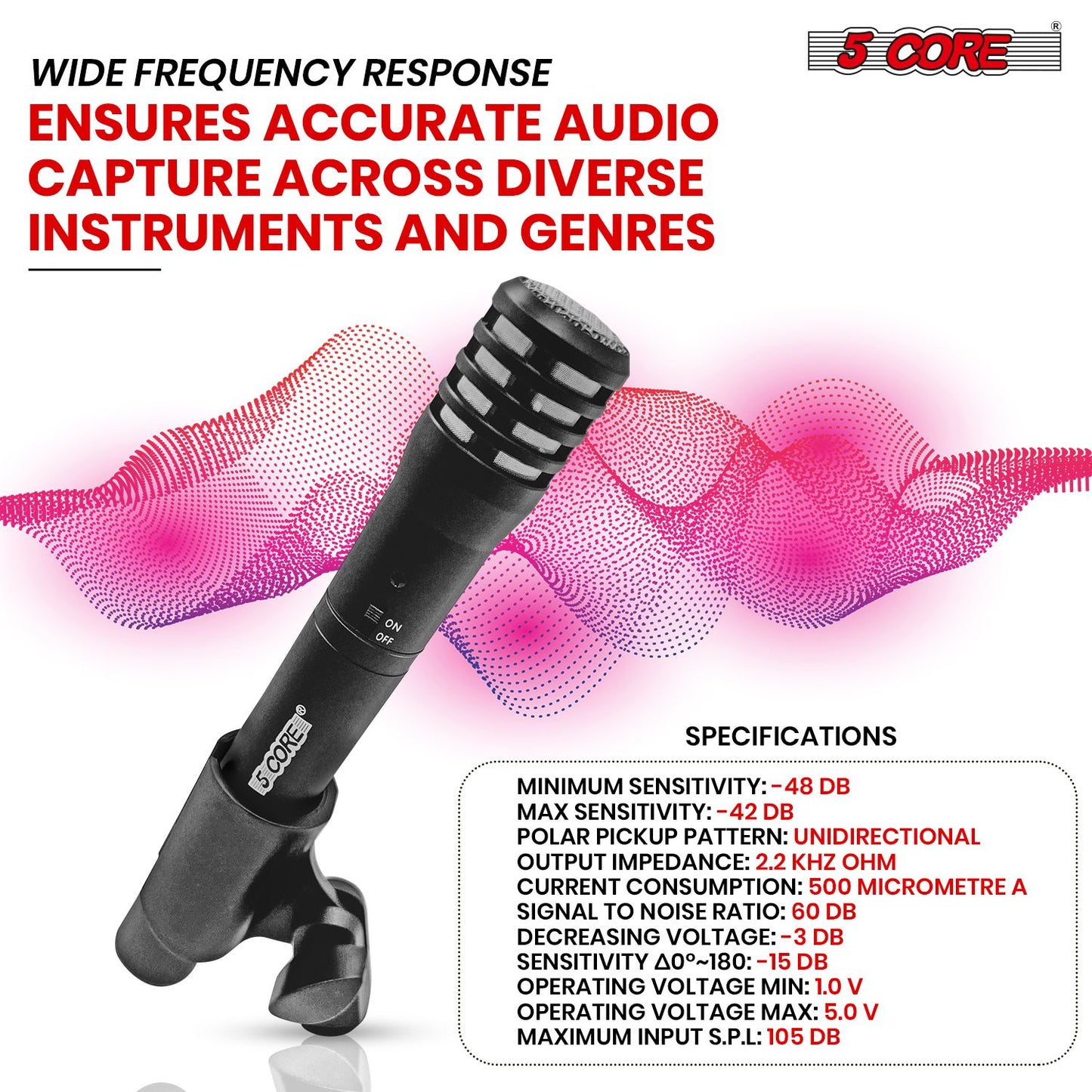 5 CORE Professional Instrument Microphone Pencil Mic Condenser Cardioid Unidirectional Stick Microfono with Windscreen M image 2