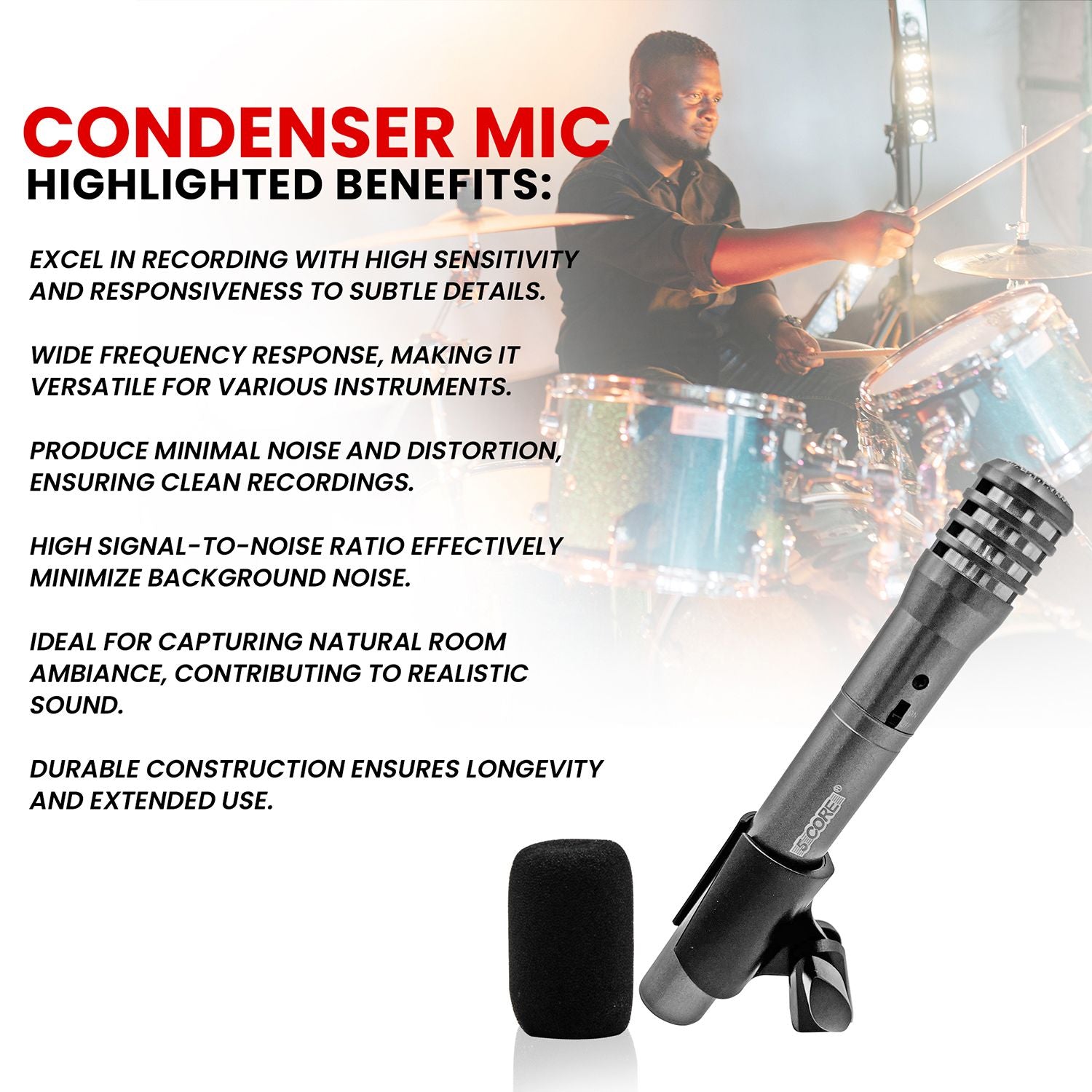 5 CORE Professional Instrument Microphone Pencil Mic Condenser Cardioid Unidirectional Stick Microfono with Windscreen M image 7