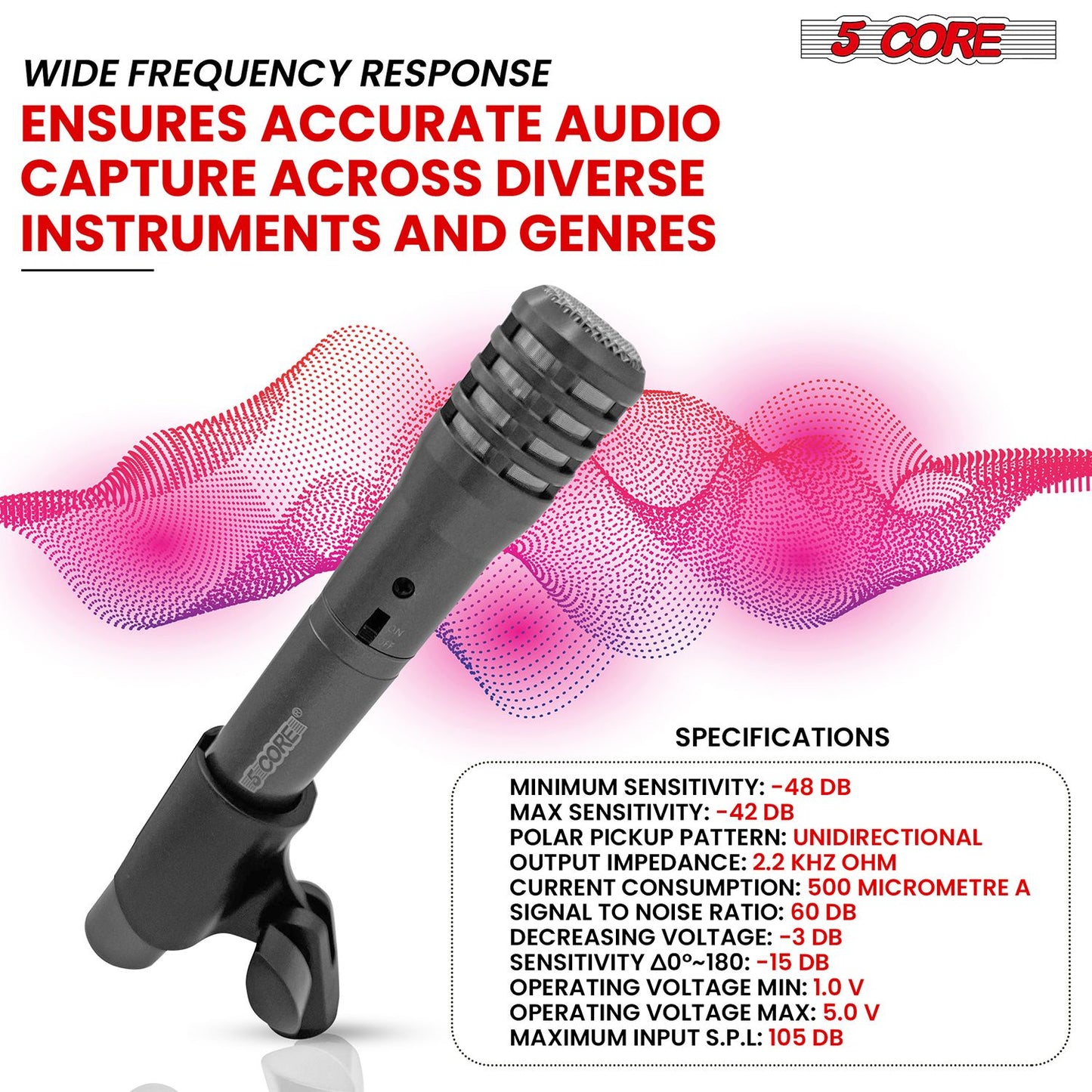 5 CORE Professional Instrument Microphone Pencil Mic Condenser Cardioid Unidirectional Stick Microfono with Windscreen M image 2