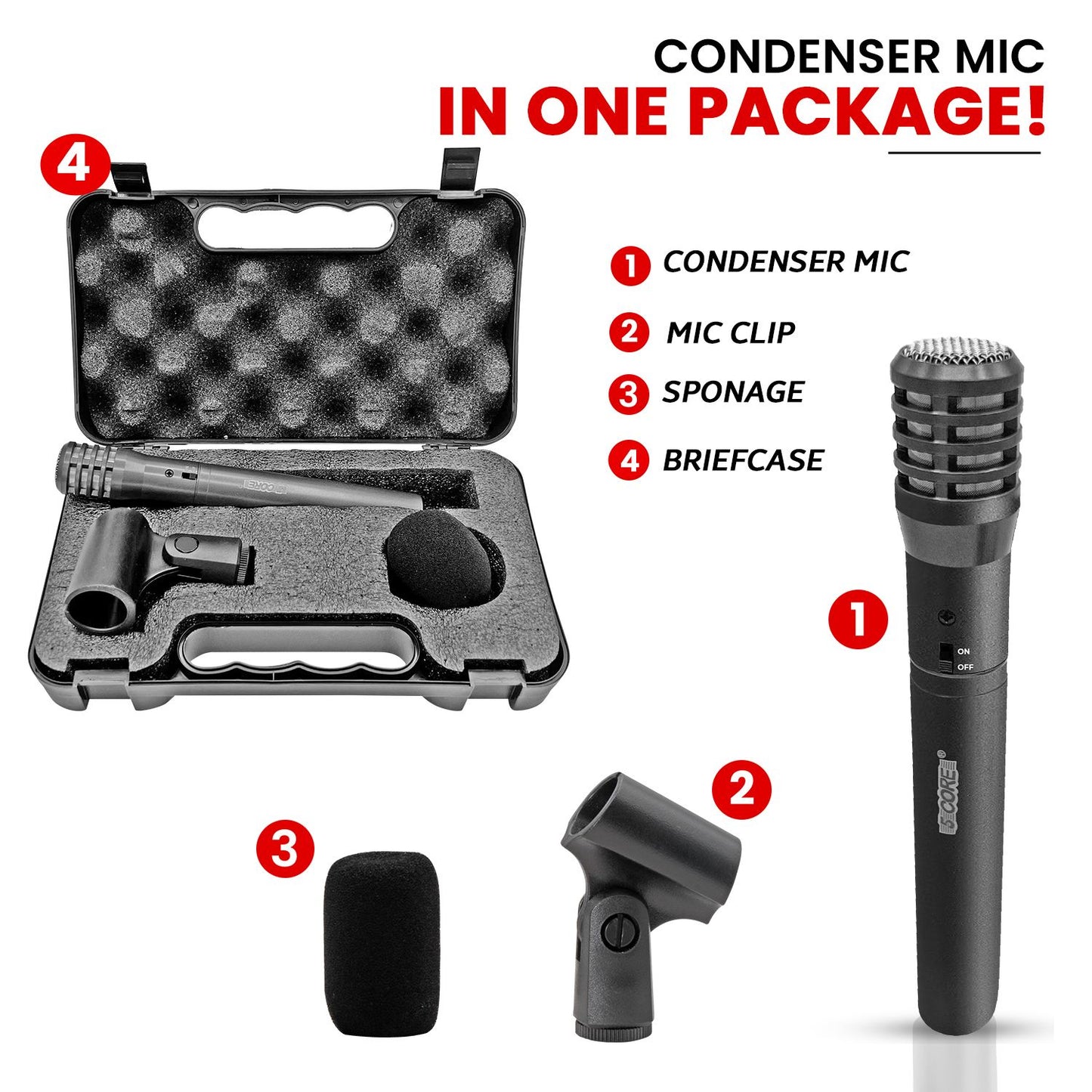 5 CORE Professional Instrument Microphone Pencil Mic Condenser Cardioid Unidirectional Stick Microfono with Windscreen M image 6