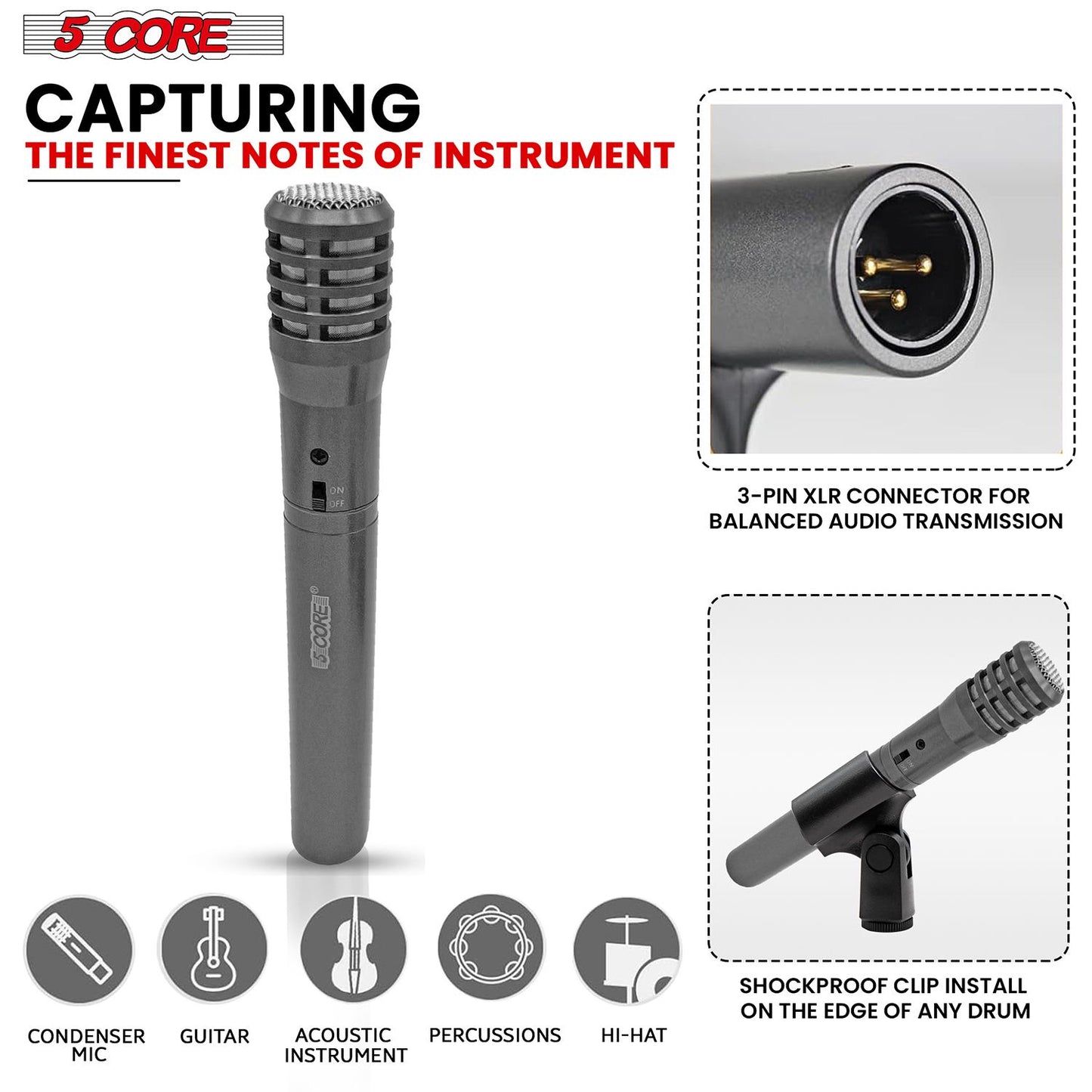 5 CORE Professional Instrument Microphone Pencil Mic Condenser Cardioid Unidirectional Stick Microfono with Windscreen M image 4