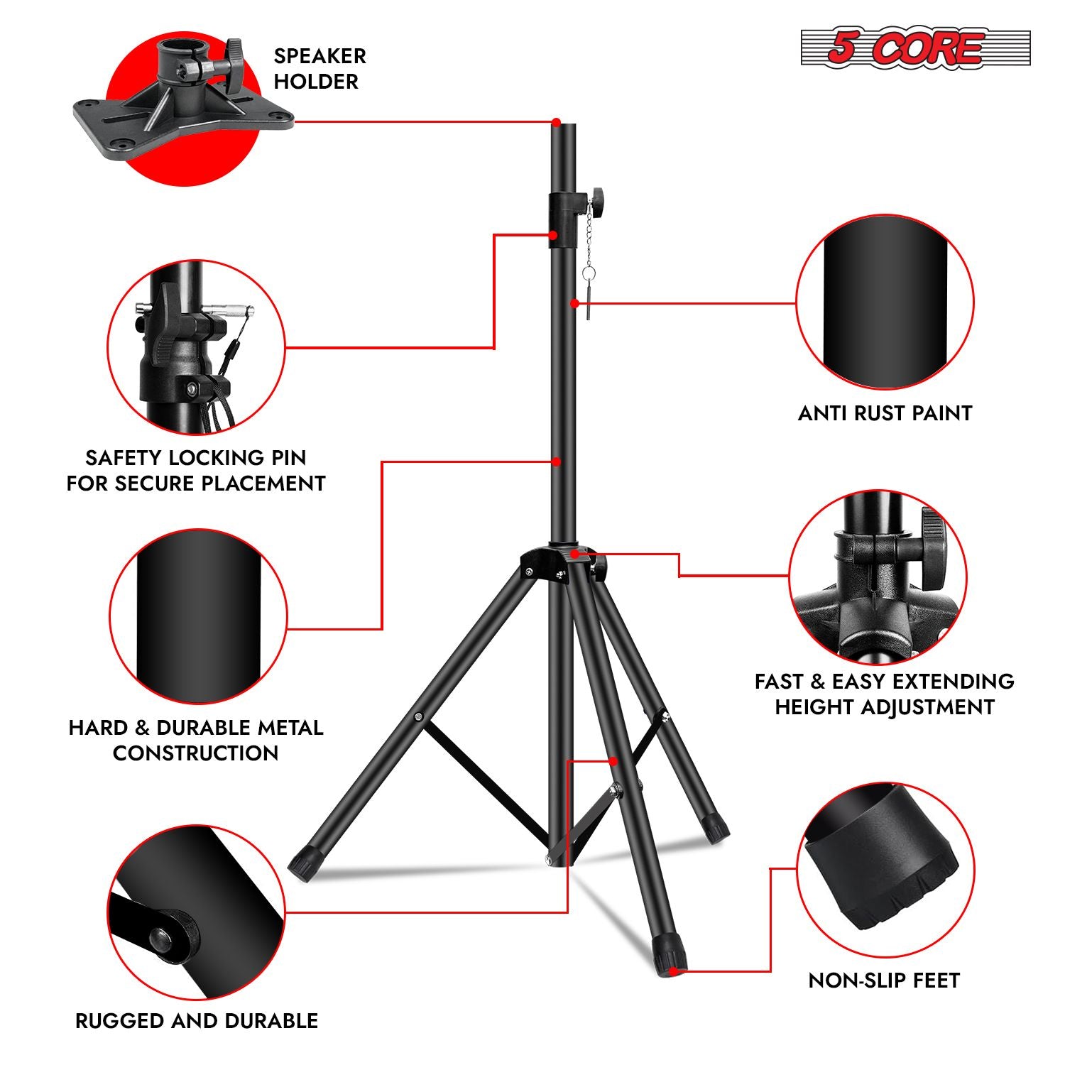 5 Core Speaker Stand Height Adjustable PA DJ Tripod Studio Monitor Stands w 35mm Compatible Insert - SS ECO 1PK BLK WoB image 6