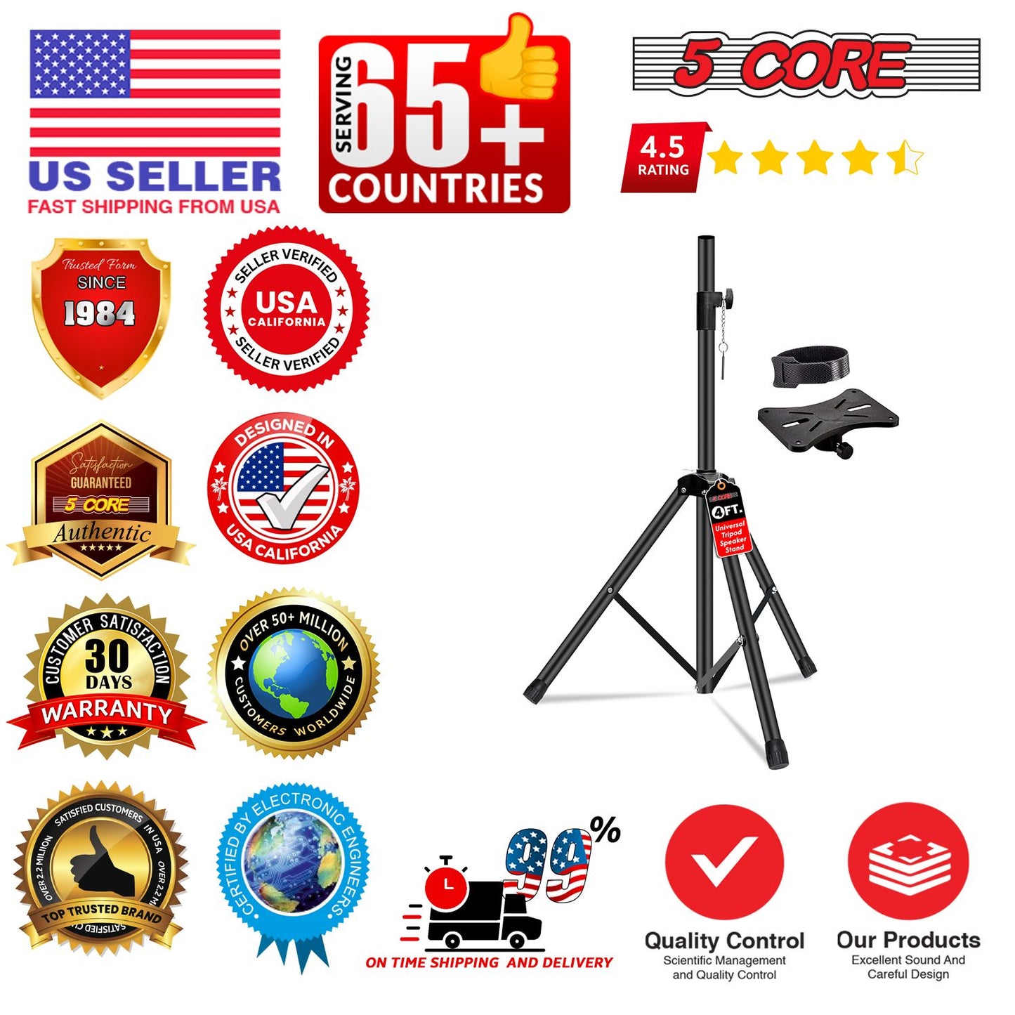 5 Core Speaker Stand Tripod Floor Adjustable Up to 48 Inch DJ Studio Monitor Stands Short Pole Mount - SS HD 1PK 4FT image 10