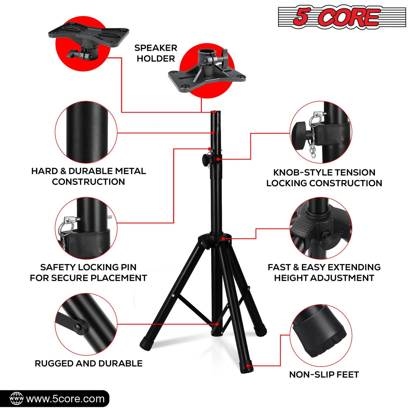 5 Core Speaker Stand Tripod Floor Adjustable Up to 48 Inch DJ Studio Monitor Stands Short Pole Mount - SS HD 1PK 4FT image 15
