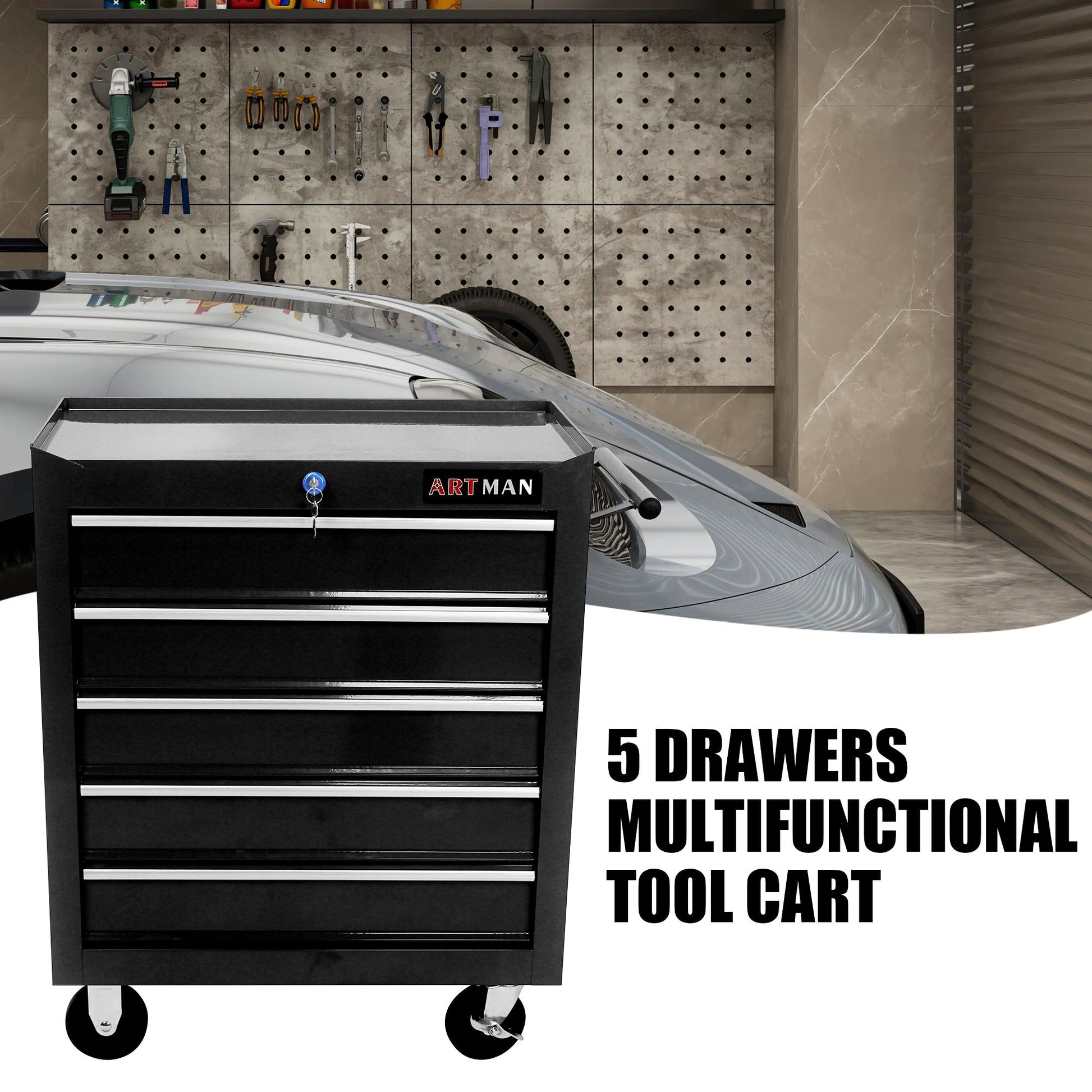 5 Drawer Tool Chest, Tool Storage Cabinet for Garage Storage with 4 Wheels and Locking System, BLACK image 2