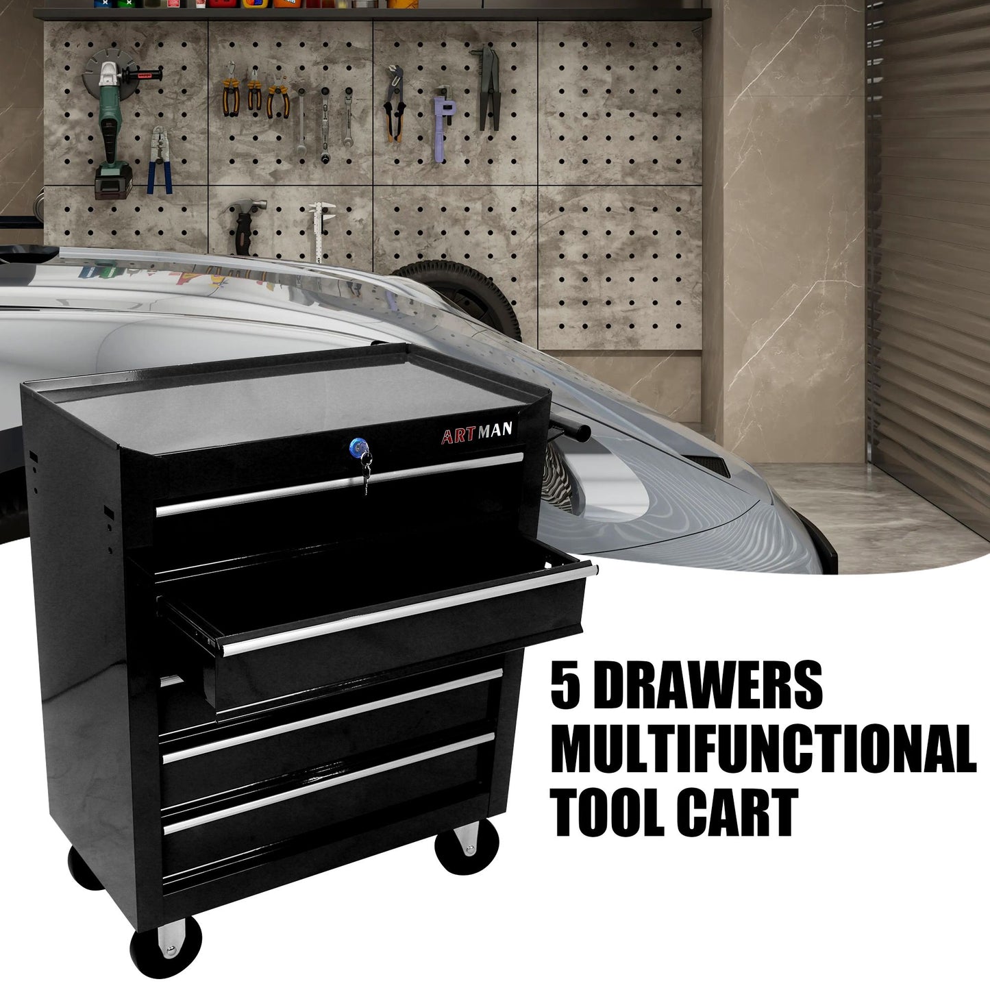 5 Drawer Tool Chest, Tool Storage Cabinet for Garage Storage with 4 Wheels and Locking System, BLACK image 3