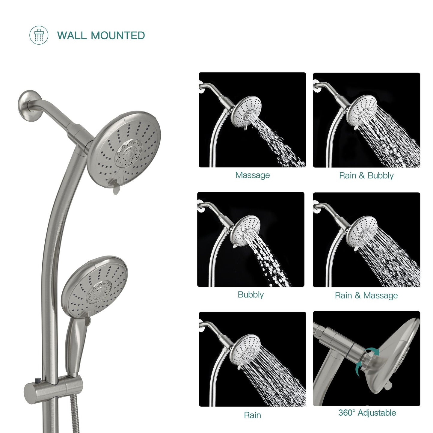 5-Inch 5-Function Wall mount High Pressure Rainfall ABS Dual Round Shower Head with Handheld Combo 304 Stainless Steel S image 6