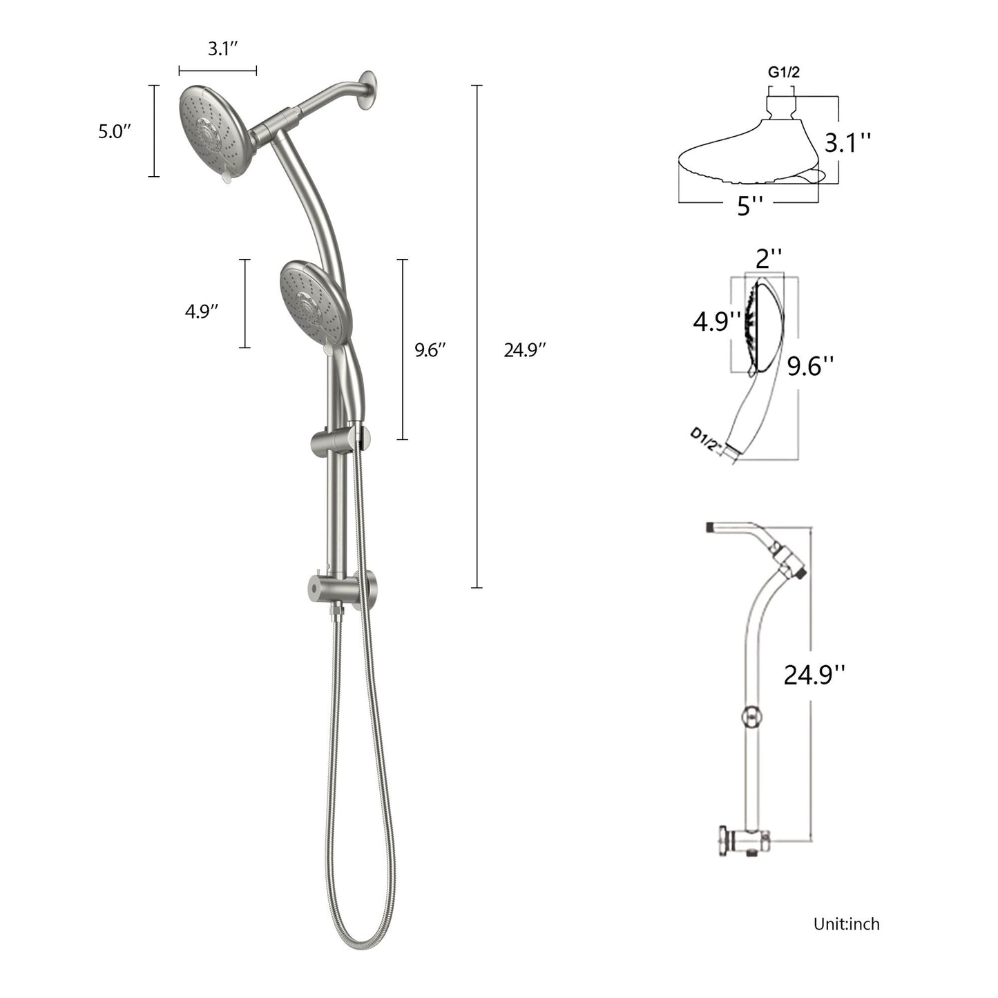 5-Inch 5-Function Wall mount High Pressure Rainfall ABS Dual Round Shower Head with Handheld Combo 304 Stainless Steel S image 8