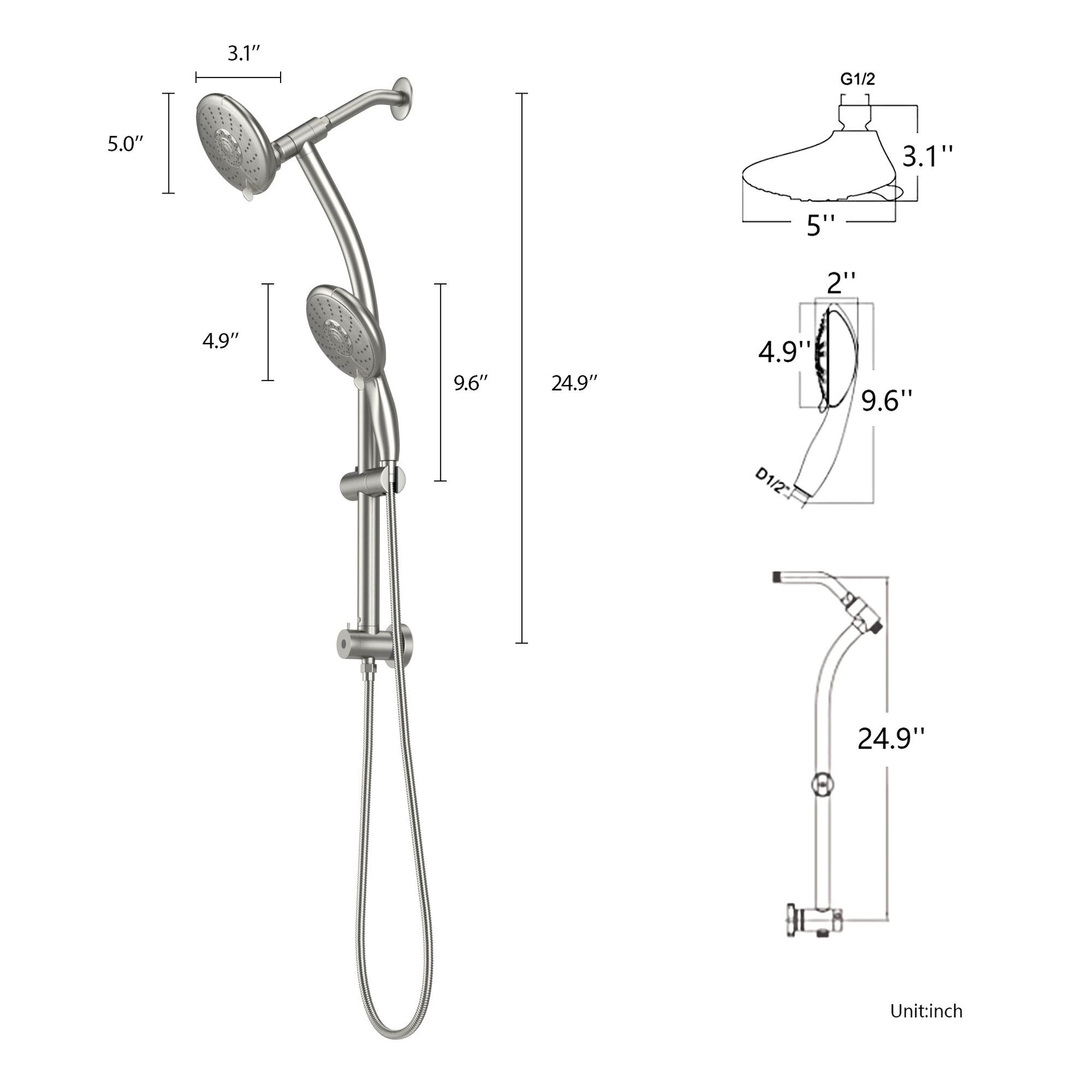 5-Inch 5-Function Wall mount High Pressure Rainfall ABS Dual Round Shower Head with Handheld Combo 304 Stainless Steel S image 8