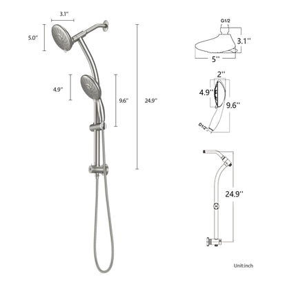 5-Inch 5-Function Wall mount High Pressure Rainfall ABS Dual Round Shower Head with Handheld Combo 304 Stainless Steel S image 8