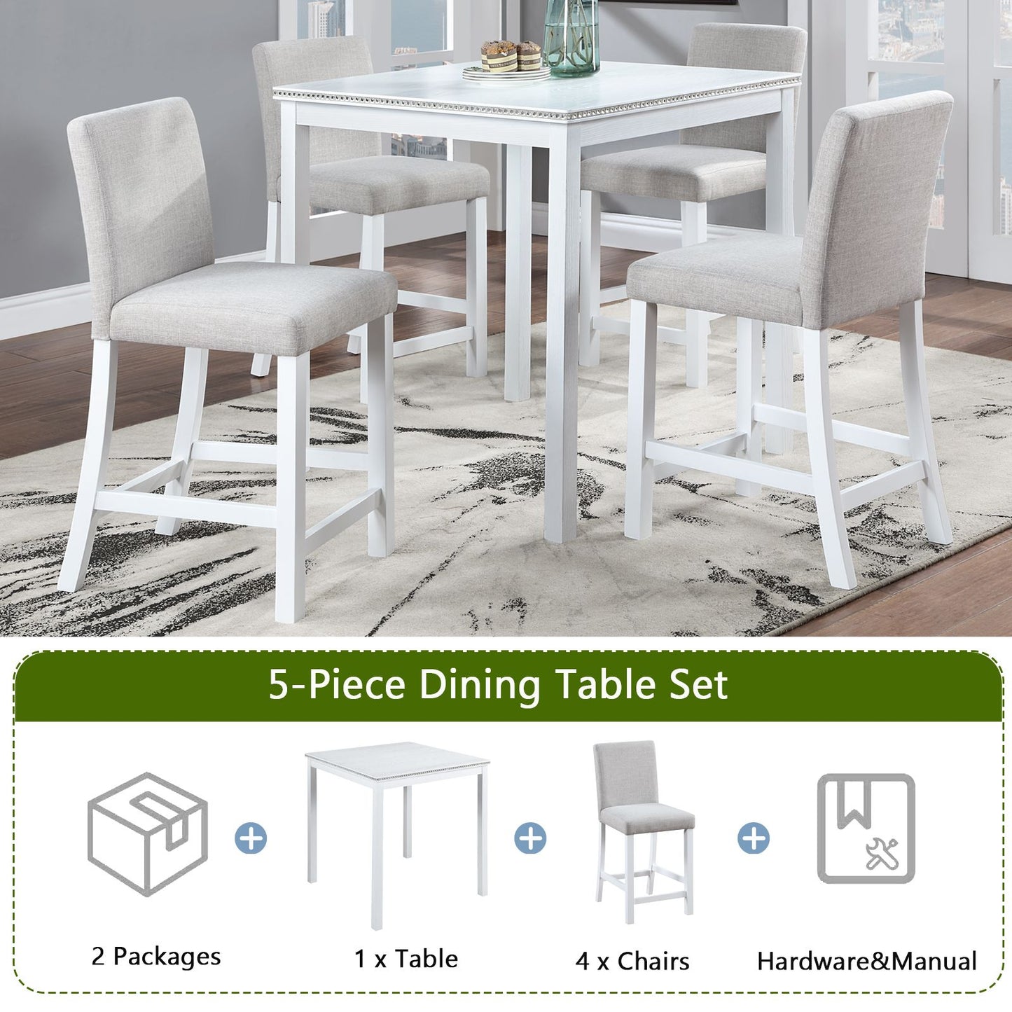 5 Piece Counter Height Table Set, Wooden Kitchen Table Set with Square Table and 4 Upholstered Chairs, Counter Height Di image 4
