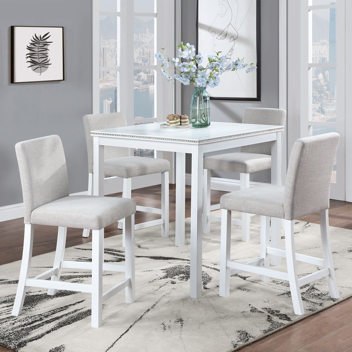 5 Piece Counter Height Table Set, Wooden Kitchen Table Set with Square Table and 4 Upholstered Chairs, Counter Height Di image 1