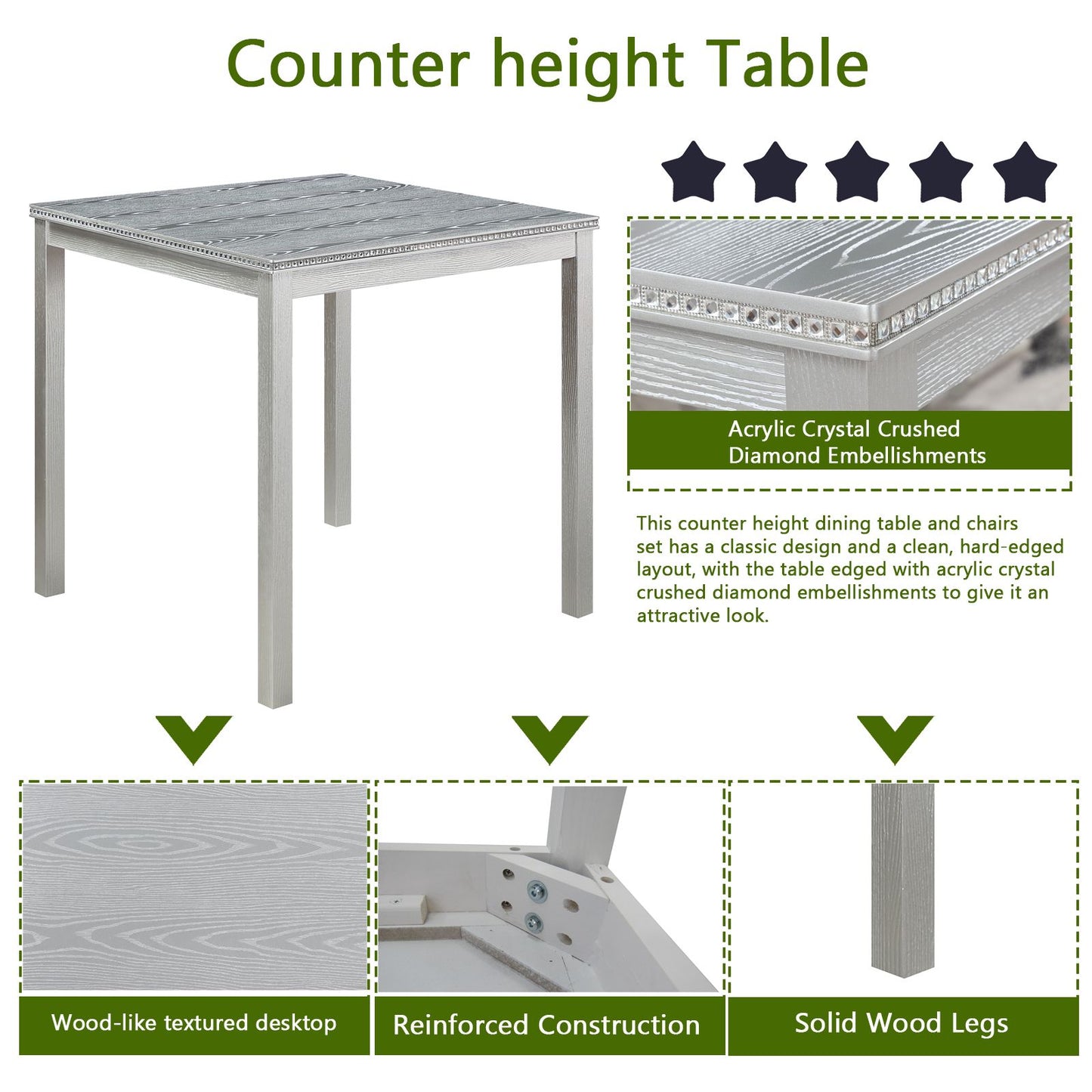 5 Piece Counter Height Table Set, Wooden Kitchen Table Set with Square Table and 4 Upholstered Chairs, Counter Height Di image 5