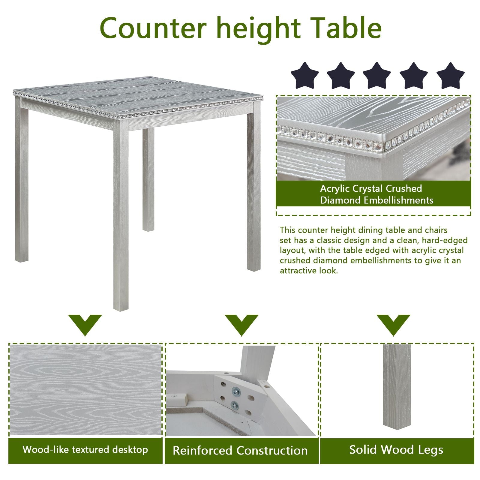 5 Piece Counter Height Table Set, Wooden Kitchen Table Set with Square Table and 4 Upholstered Chairs, Counter Height Di image 5