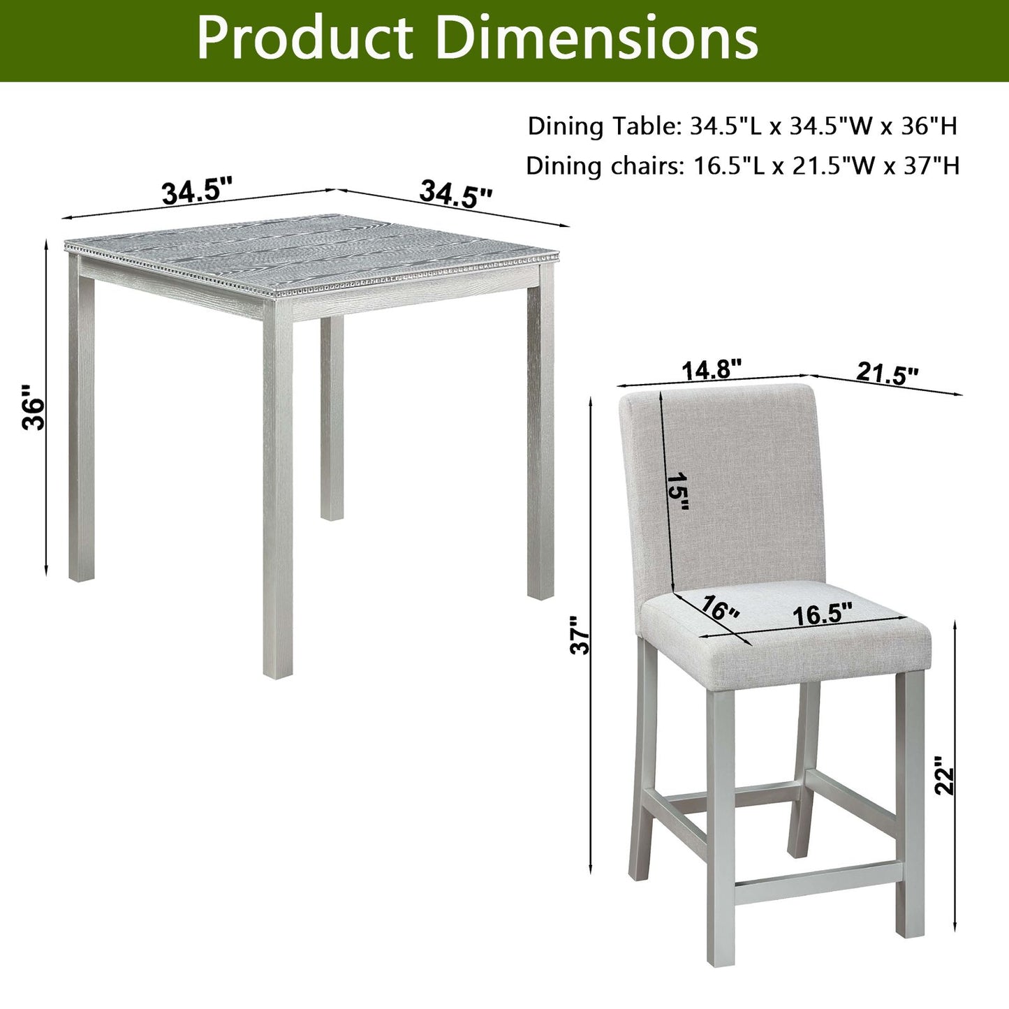 5 Piece Counter Height Table Set, Wooden Kitchen Table Set with Square Table and 4 Upholstered Chairs, Counter Height Di image 8