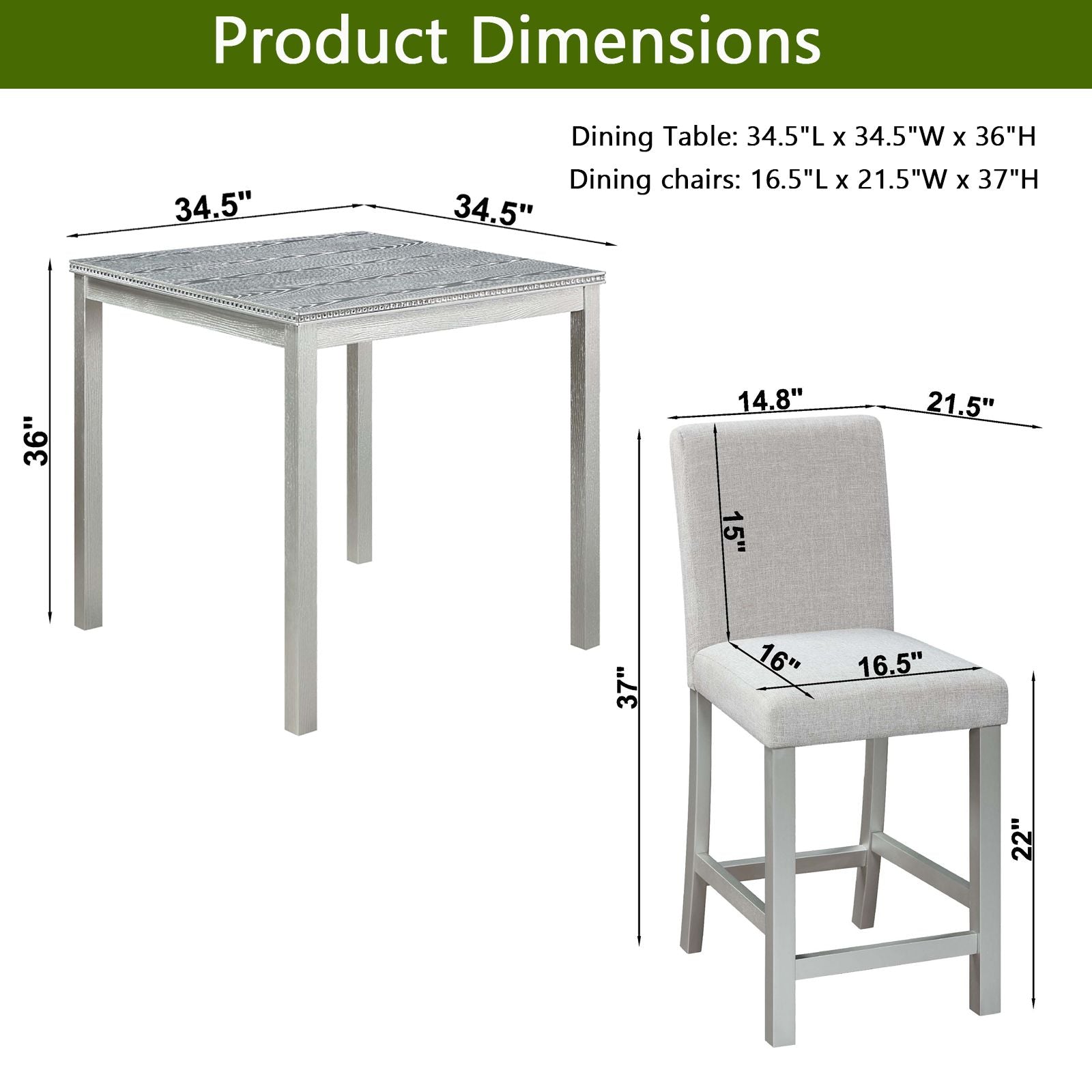 5 Piece Counter Height Table Set, Wooden Kitchen Table Set with Square Table and 4 Upholstered Chairs, Counter Height Di image 8