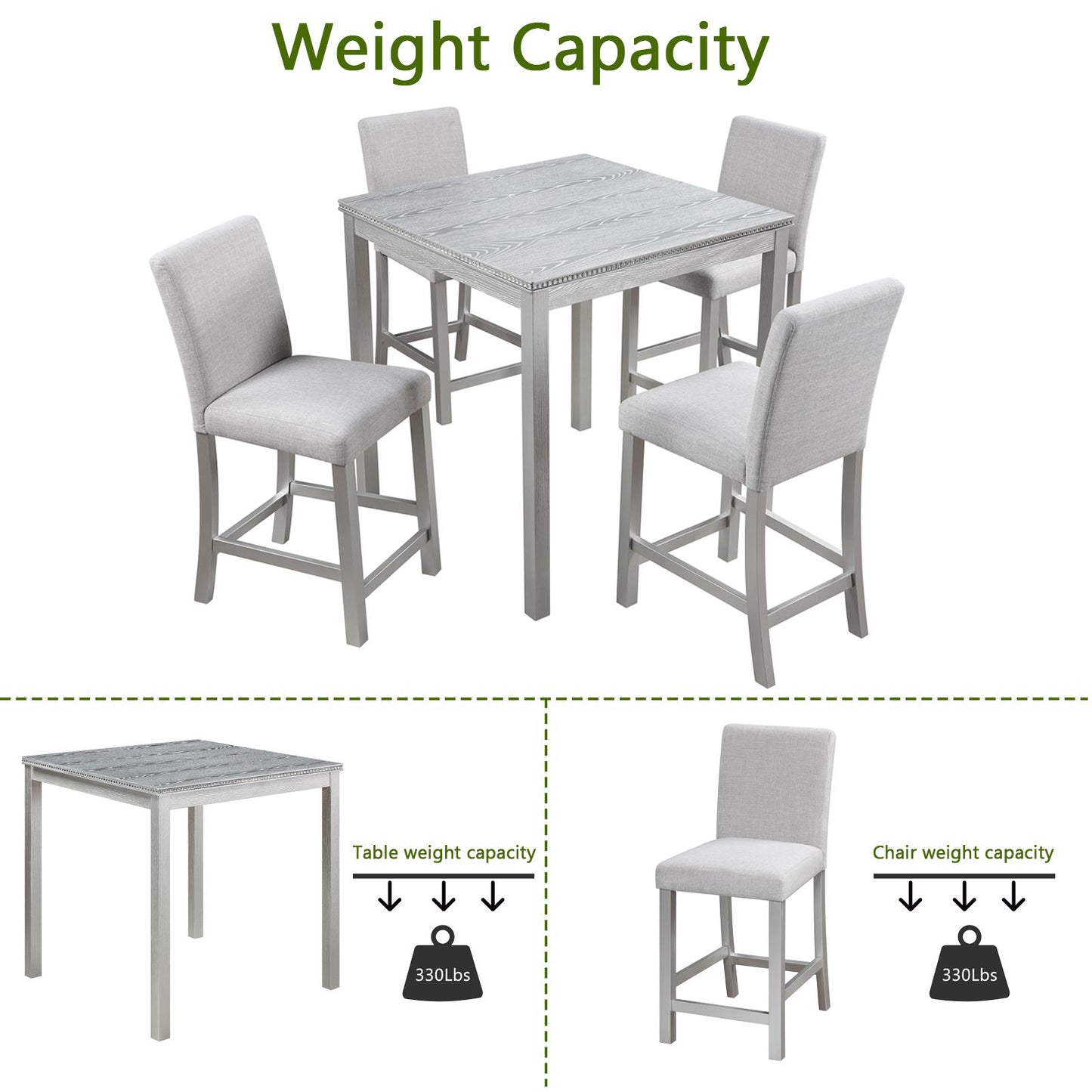 5 Piece Counter Height Table Set, Wooden Kitchen Table Set with Square Table and 4 Upholstered Chairs, Counter Height Di image 6