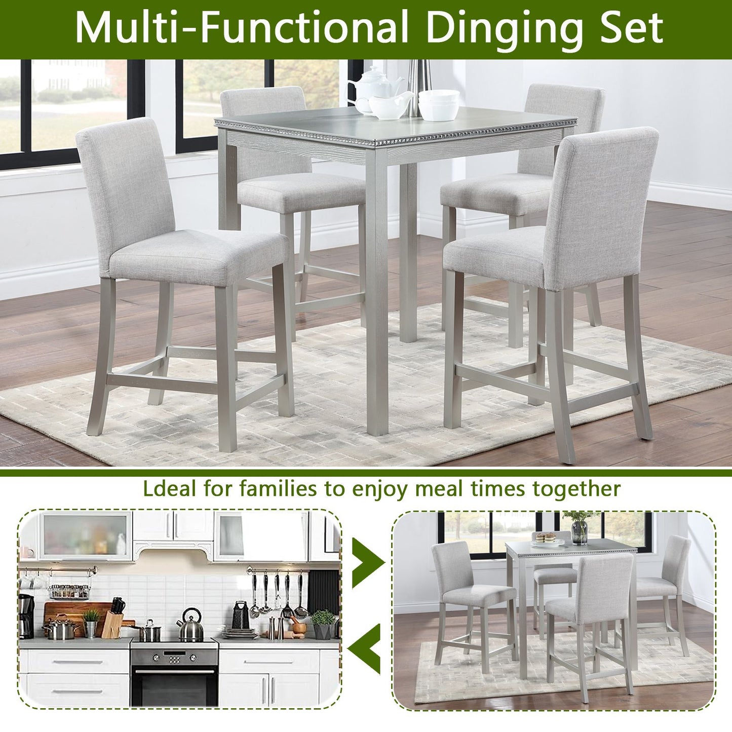 5 Piece Counter Height Table Set, Wooden Kitchen Table Set with Square Table and 4 Upholstered Chairs, Counter Height Di image 3