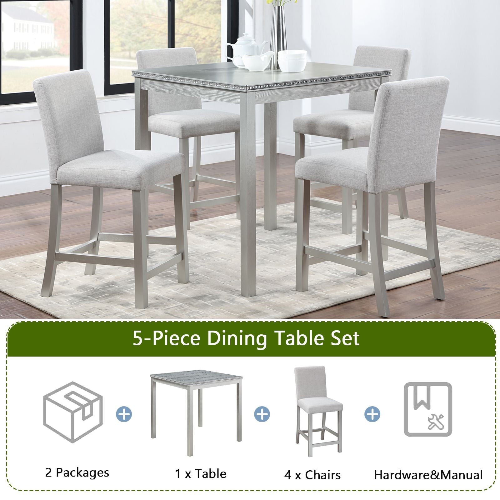 5 Piece Counter Height Table Set, Wooden Kitchen Table Set with Square Table and 4 Upholstered Chairs, Counter Height Di image 4