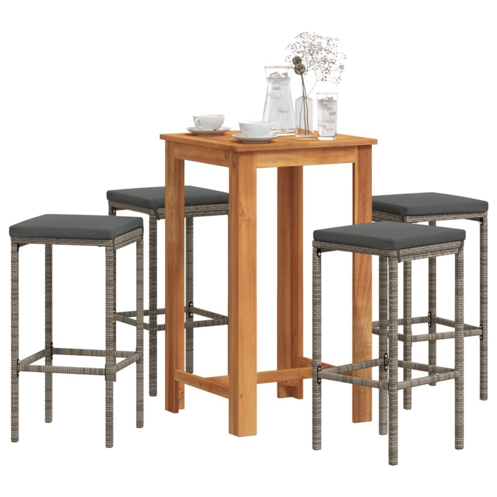 5 Piece Patio Bar Set Gray Solid Wood Acacia and Poly Rattan image 1