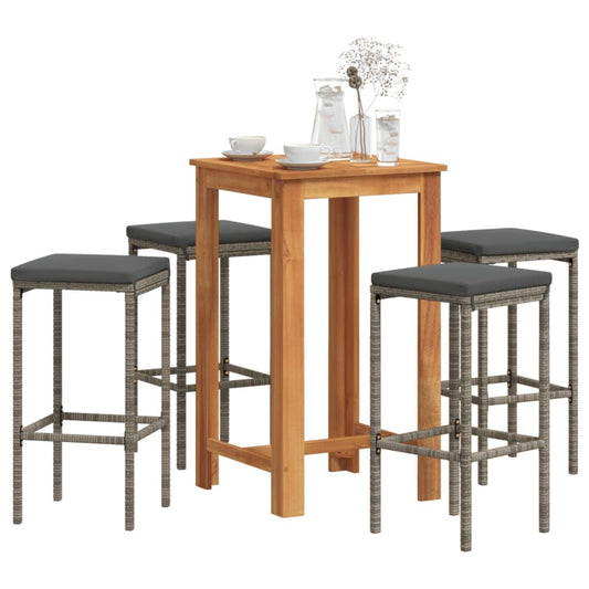5 Piece Patio Bar Set Gray Solid Wood Acacia and Poly Rattan image 1