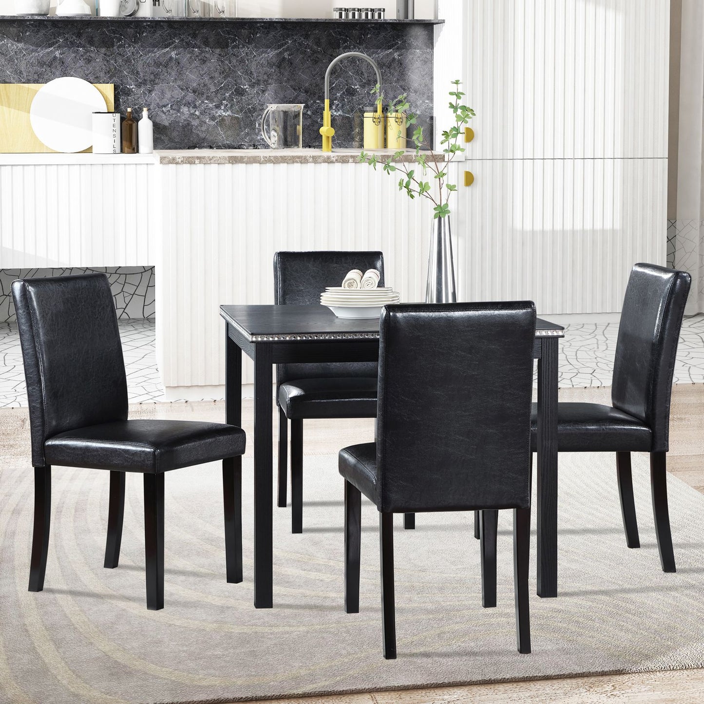 5 Piece Wooden Dining Table Set, Kitchen Table Set with a Square Table and 4 Upholstered Chairs, Wooden Dining Room Tabl image 2