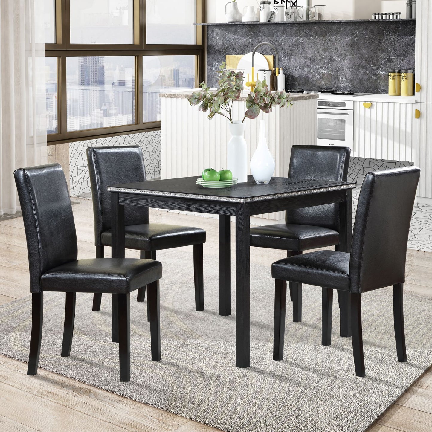 5 Piece Wooden Dining Table Set, Kitchen Table Set with a Square Table and 4 Upholstered Chairs, Wooden Dining Room Tabl image 1