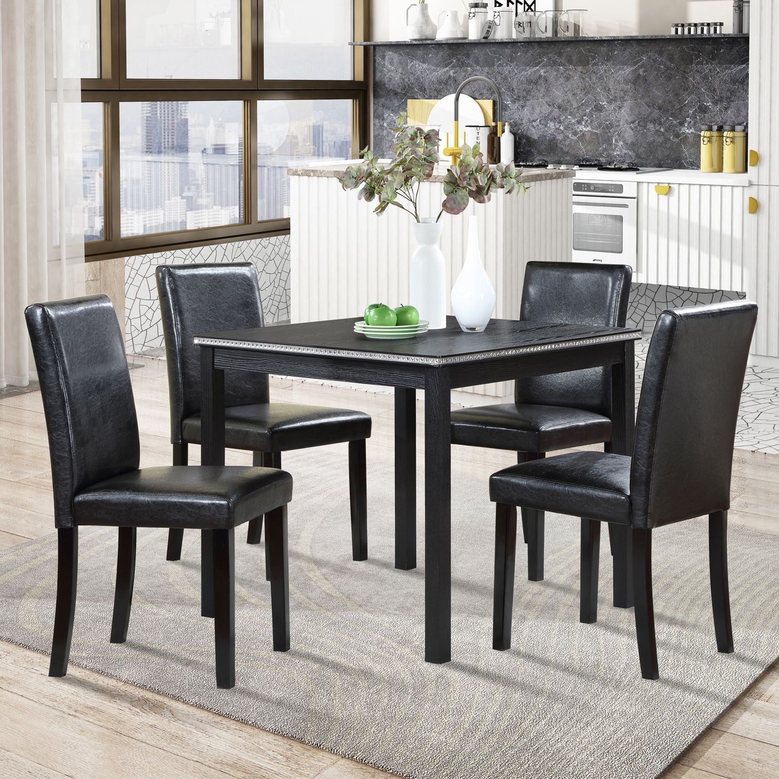 5 Piece Wooden Dining Table Set, Kitchen Table Set with a Square Table and 4 Upholstered Chairs, Wooden Dining Room Tabl image 1