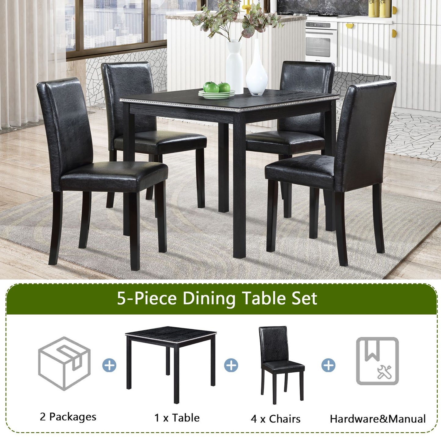 5 Piece Wooden Dining Table Set, Kitchen Table Set with a Square Table and 4 Upholstered Chairs, Wooden Dining Room Tabl image 4