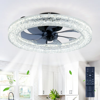 Acrylic Ice Brick Fan Light,LED Light Source and Remote Control, 3000-6500K Dimmable Modern Flush Mount LED Fan Light, 6 Speeds, Quiet DC Motor For Living room, Bedroom,Kitchen----Matte Black image 6