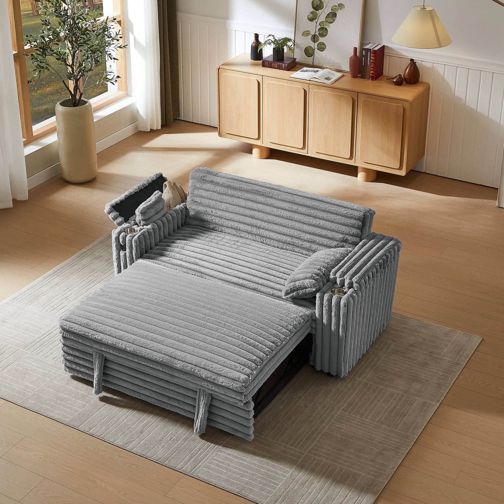 Light Grey Corduroy Sofa Bed with Pull Out Bed image 3