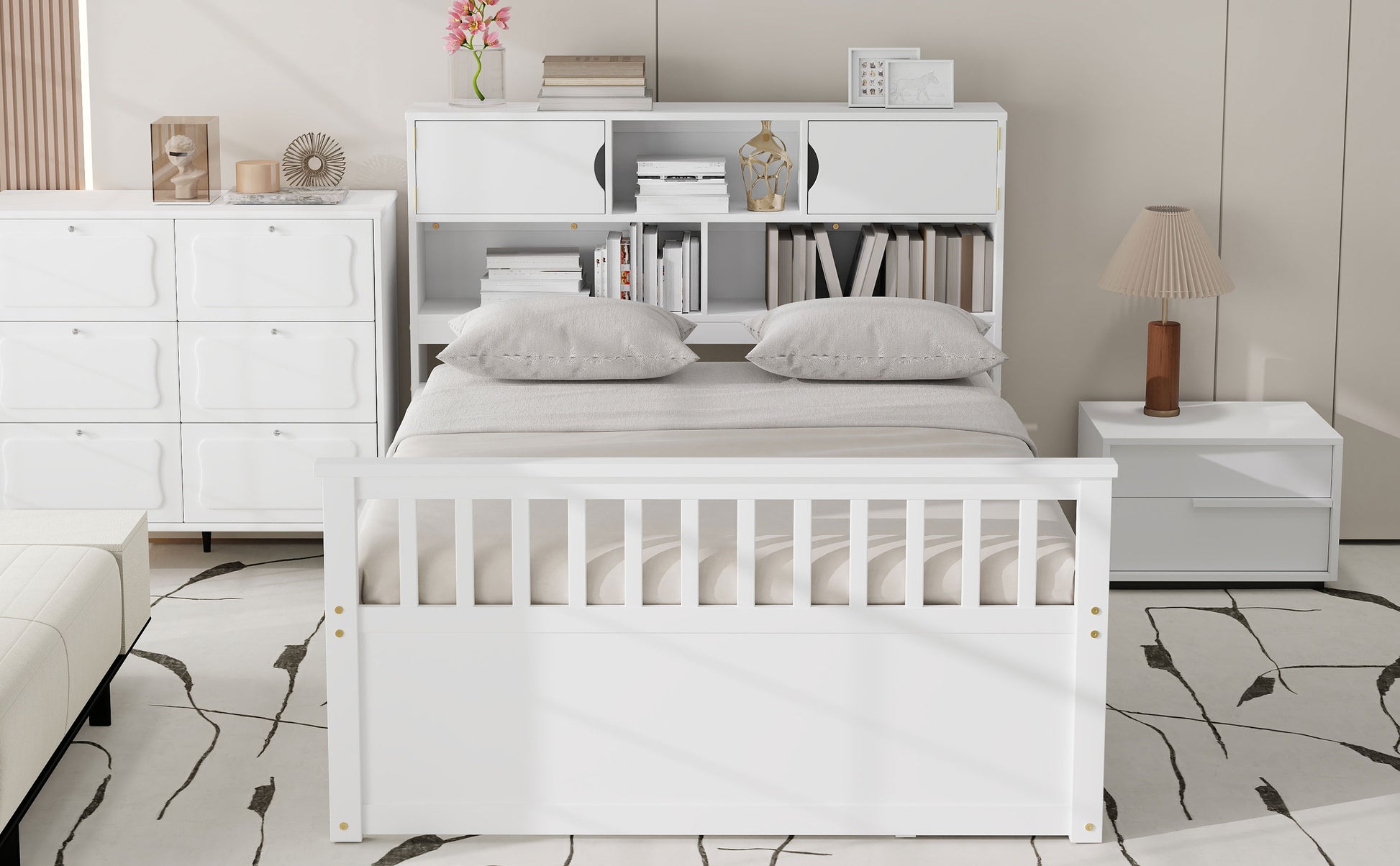 Full Size Captain Platform Bed Frame with Storage Bookcases and Shelves,Four Drawers,White image 6
