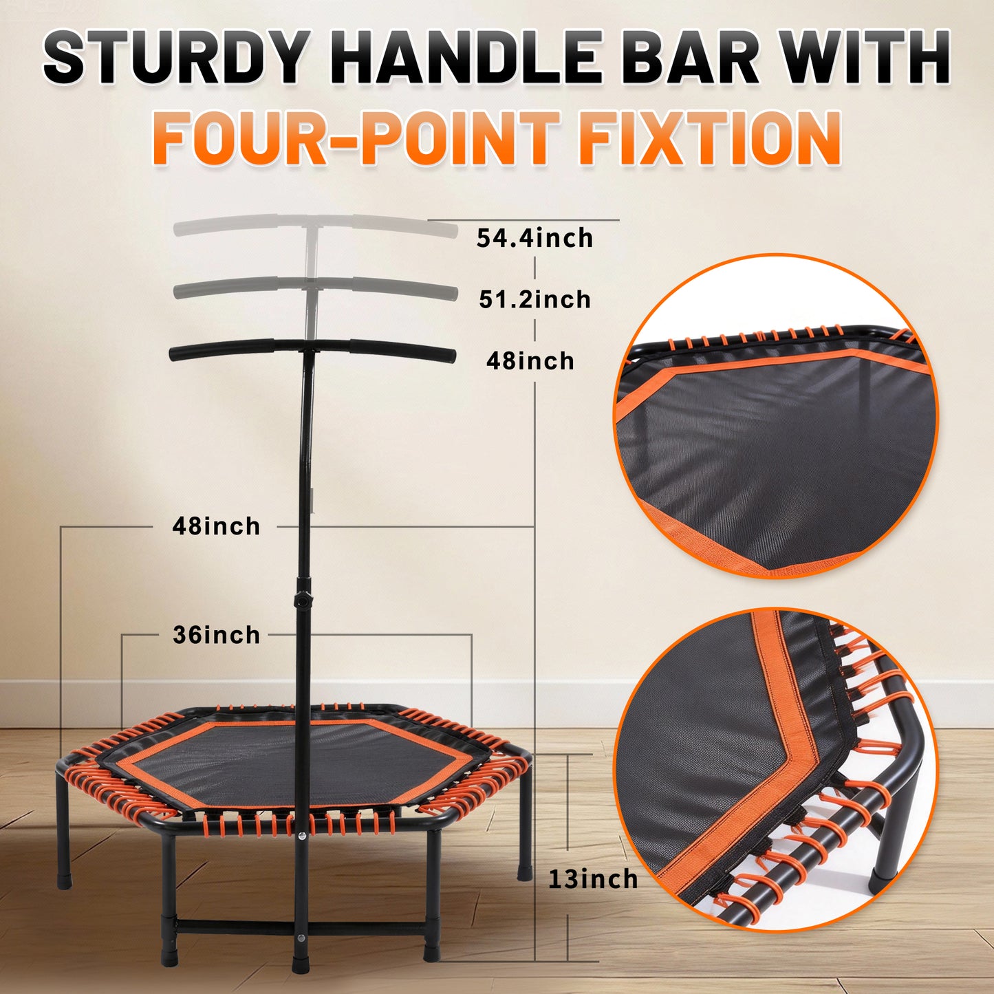 48" Mini Rebounder for Adults with Adjustable Handle Bar, Bungee Ropes, Stable & Quiet, Indoor Outdoor, Whole-Body Workout & Relaxation,Fitness Trampoline for Home and Gym, Cardio & Strength Training image 5