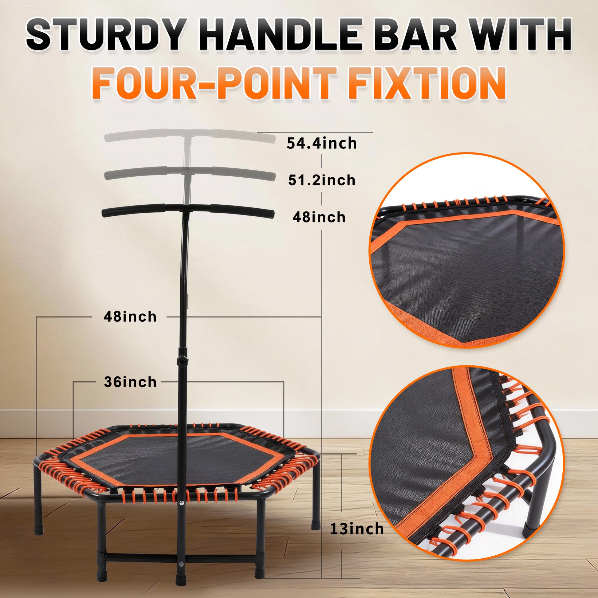 48" Mini Rebounder for Adults with Adjustable Handle Bar, Bungee Ropes, Stable & Quiet, Indoor Outdoor, Whole-Body Workout & Relaxation,Fitness Trampoline for Home and Gym, Cardio & Strength Training image 5