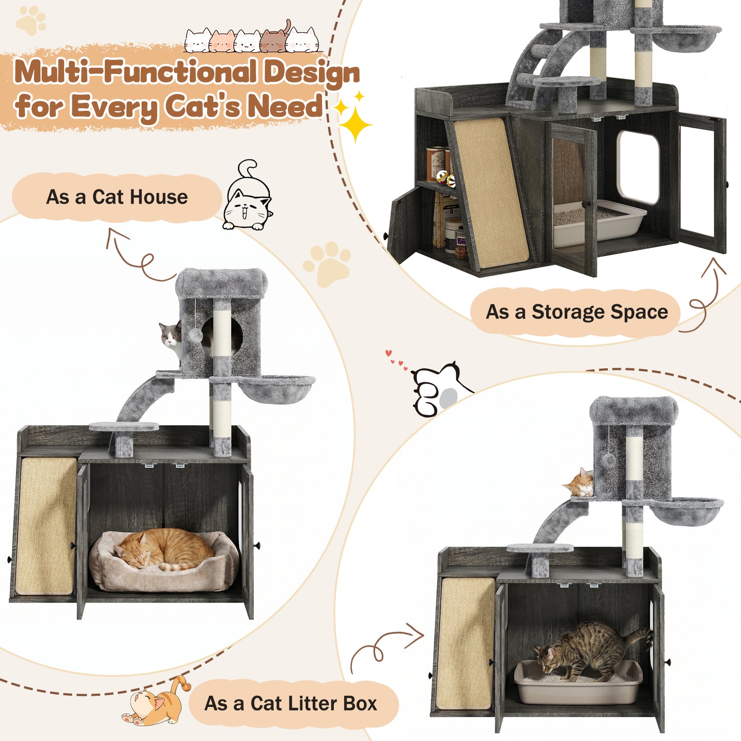 Litter Box Enclosure with Cat Tree, Hidden Litter Box with LED Light, Sisal Scratching Board and Storage Space, Modular Litter Box Furniture with Condo and Platform, All-in-one Cat Tower,Grey image 5