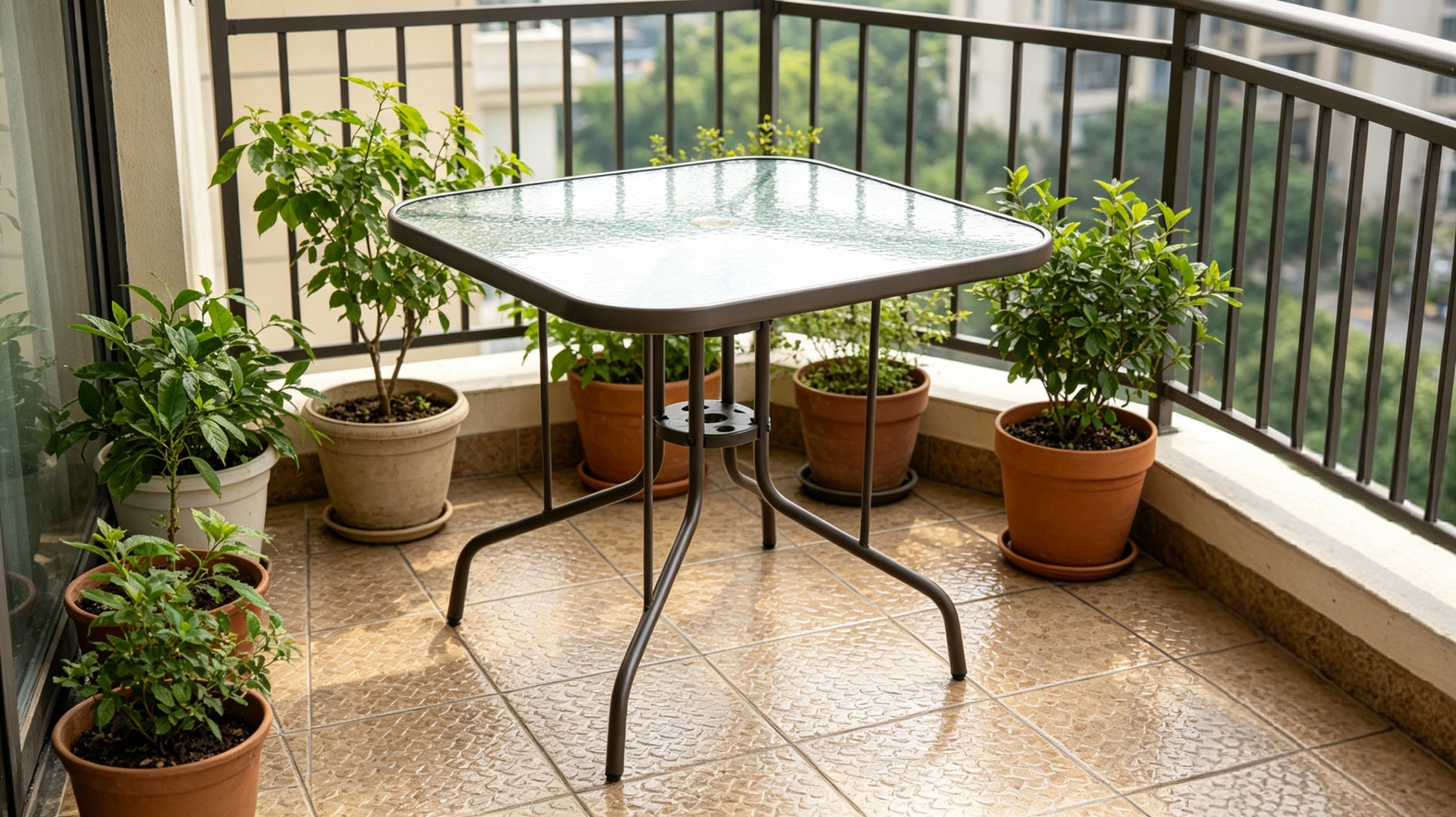 Tangkula 35 Inch Patio Dining Table with Tempered Glass Top, Square 4-Person Outdoor Bistro Table with 1.5" Umbrella Hole & Sturdy Metal Frame, Patio Dining Table for Backyard, Lawn, Deck & Poolside image 1