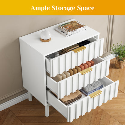 3 Drawer Dresser with Fluted Panel Design, Modern Wood Chest of Drawers with Chic Edge Pull, Large Nightstand Side Table, Wood Storage Organizer for Bedroom, Living Room, Entryway, White image 7