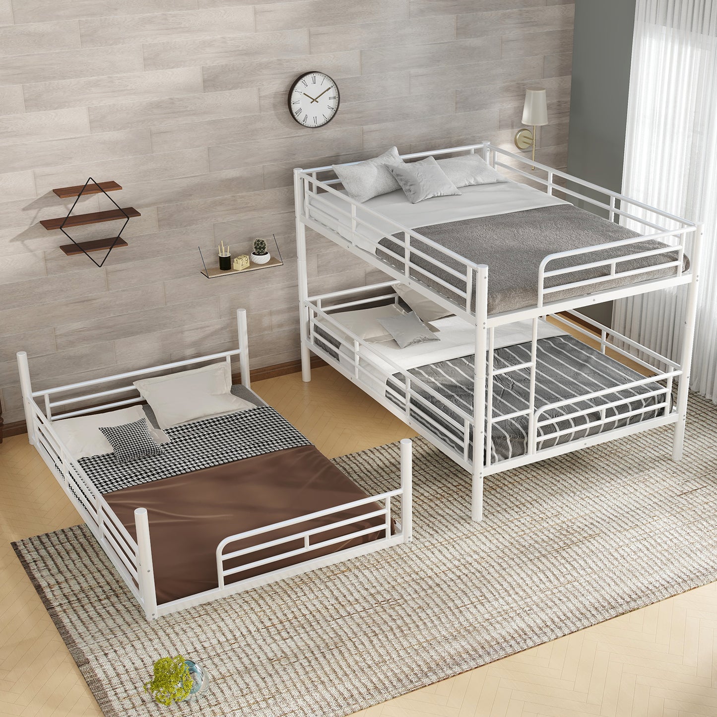 Full over Full over Full Bunk Bed, Metal Triple Bunk Bed with Safety Guardrails, Heavy-duty Bunk Bed with Noise-reduced Design, White image 3
