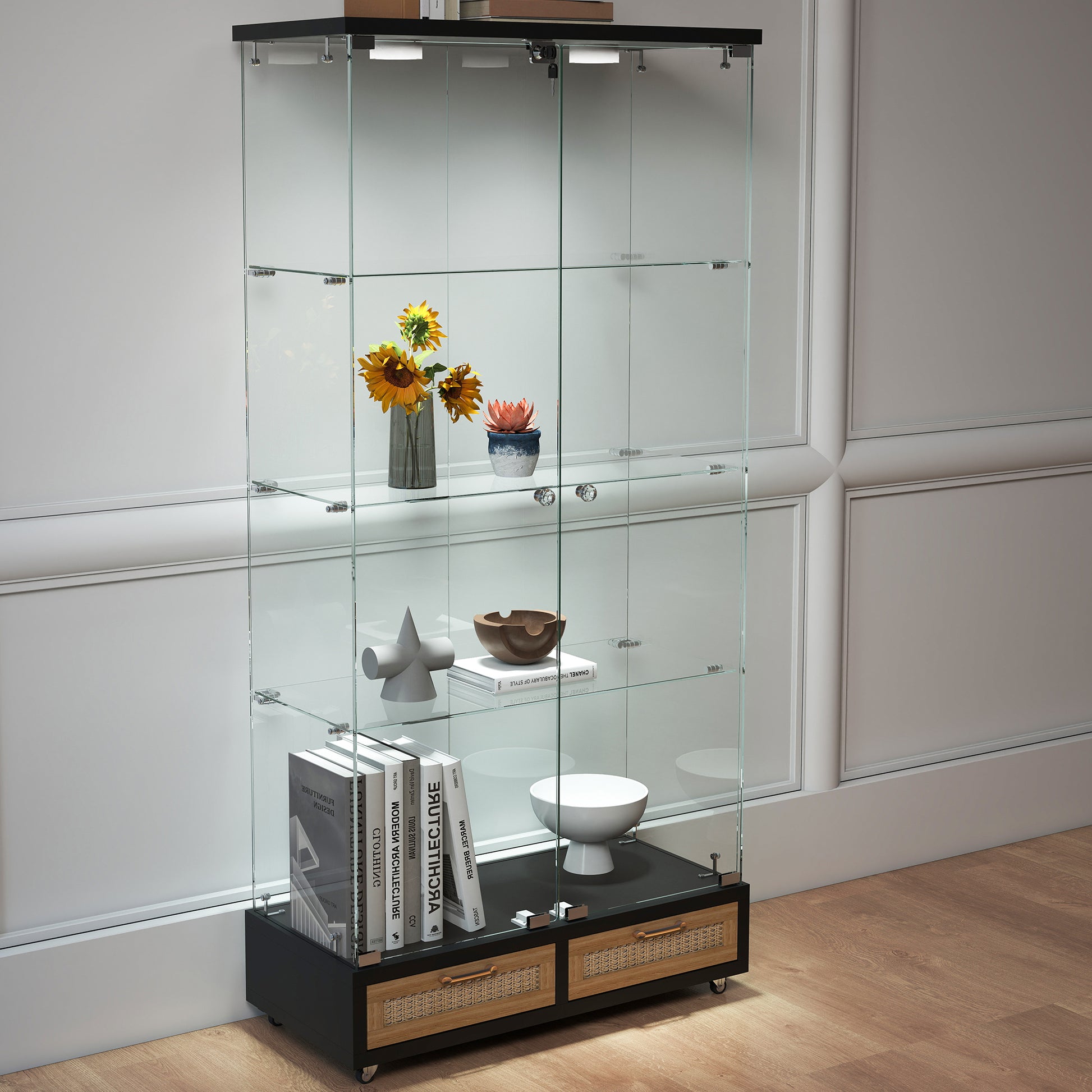 Modern Glass Display Cabinet with Large Drawers,Quick-assembly Antique Cabinet with LED lights,Tempered Glass Bookshelf,2-Door Storage Case with 4 Shelves for Living Room and Bedroom,black and natural image 10