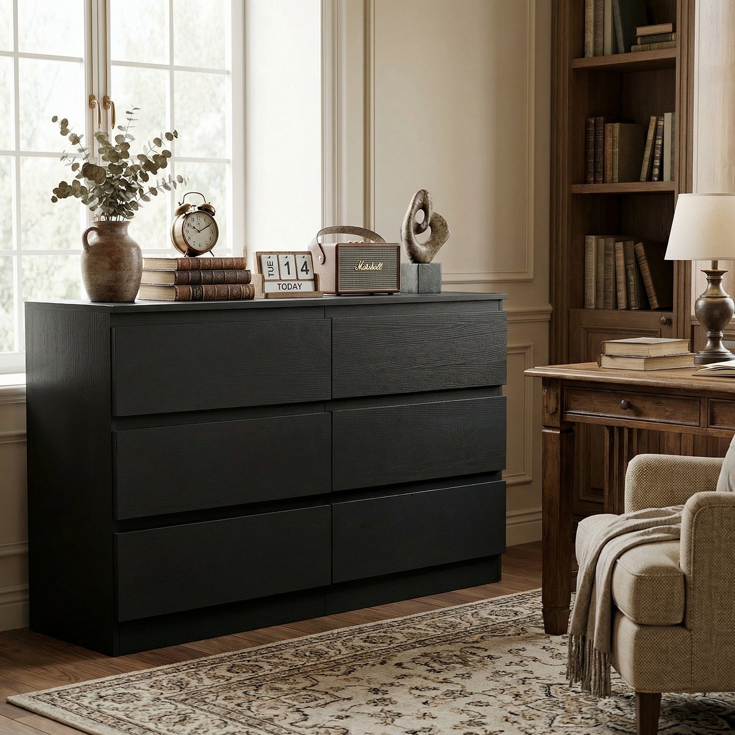 6 Drawer Black Dresser, Modern Bedroom Dresser with Spacious Countertop, Wood Storage Cabinet with Concealed Handles & 6 Deep Drawers for Bedroom, Living Room, Entryway, 15.7" D x 47.2" W x 30.9" H image 4