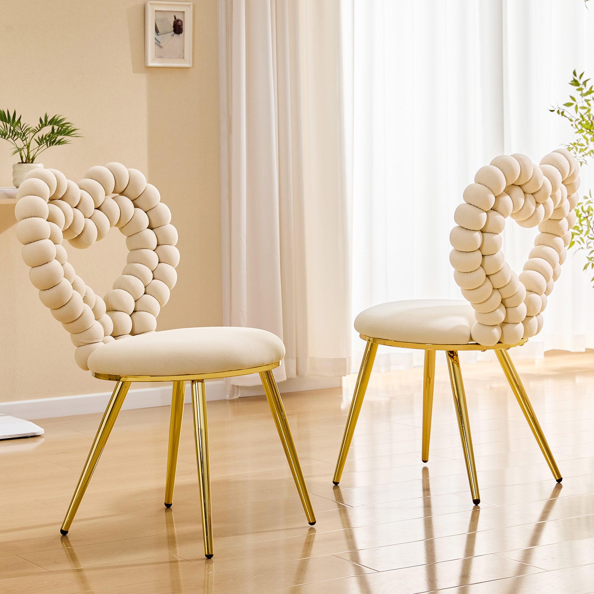 Set of 2 Unique Heart Bubble Tufted Accent Chair, Plush Velvet Chair with Shiny Gold Metal Frame, Cute & Modern Seating for Home Decor image 3