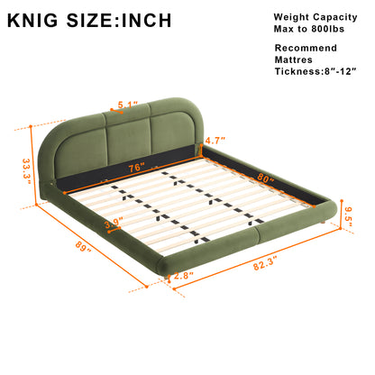King Size,Modern Curved Upholstered Low Profile Platform Bed with Rounded Headboard(Velvet,Green) image 7